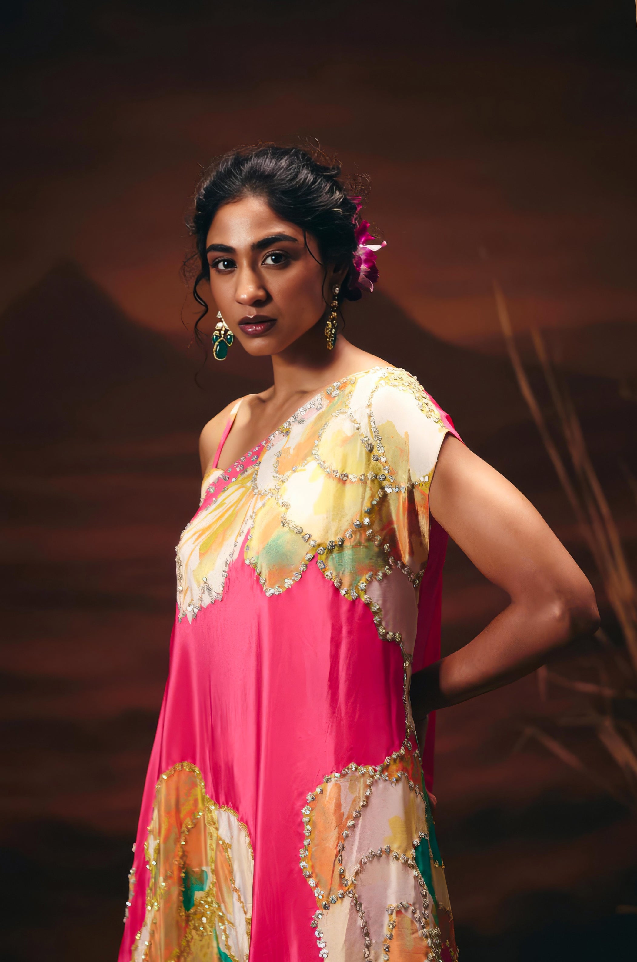 Flamingo Pink Embellished Satin Silk Kaftan Set
