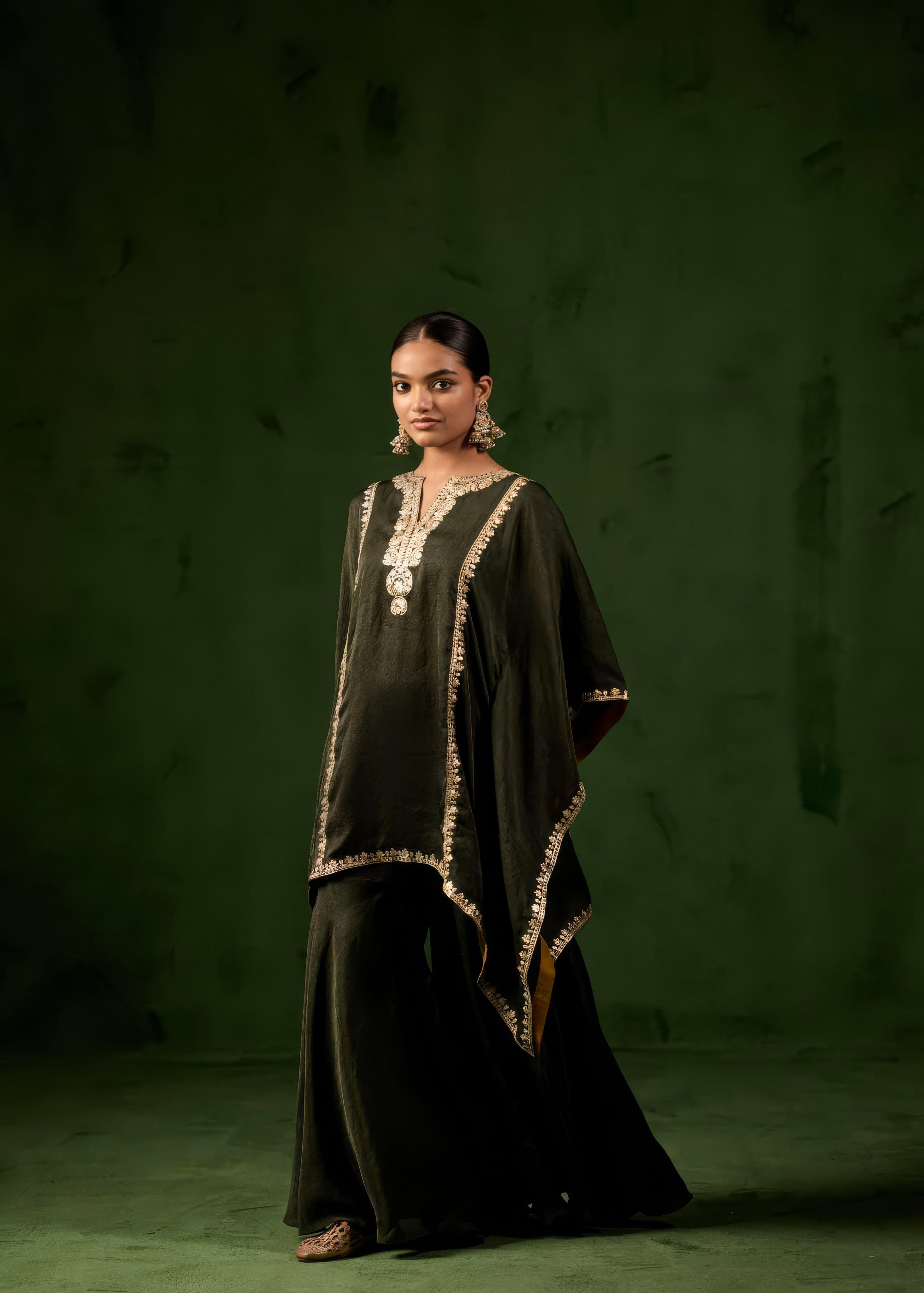 Deep Green Embellished Premium Silk Kaftan Set