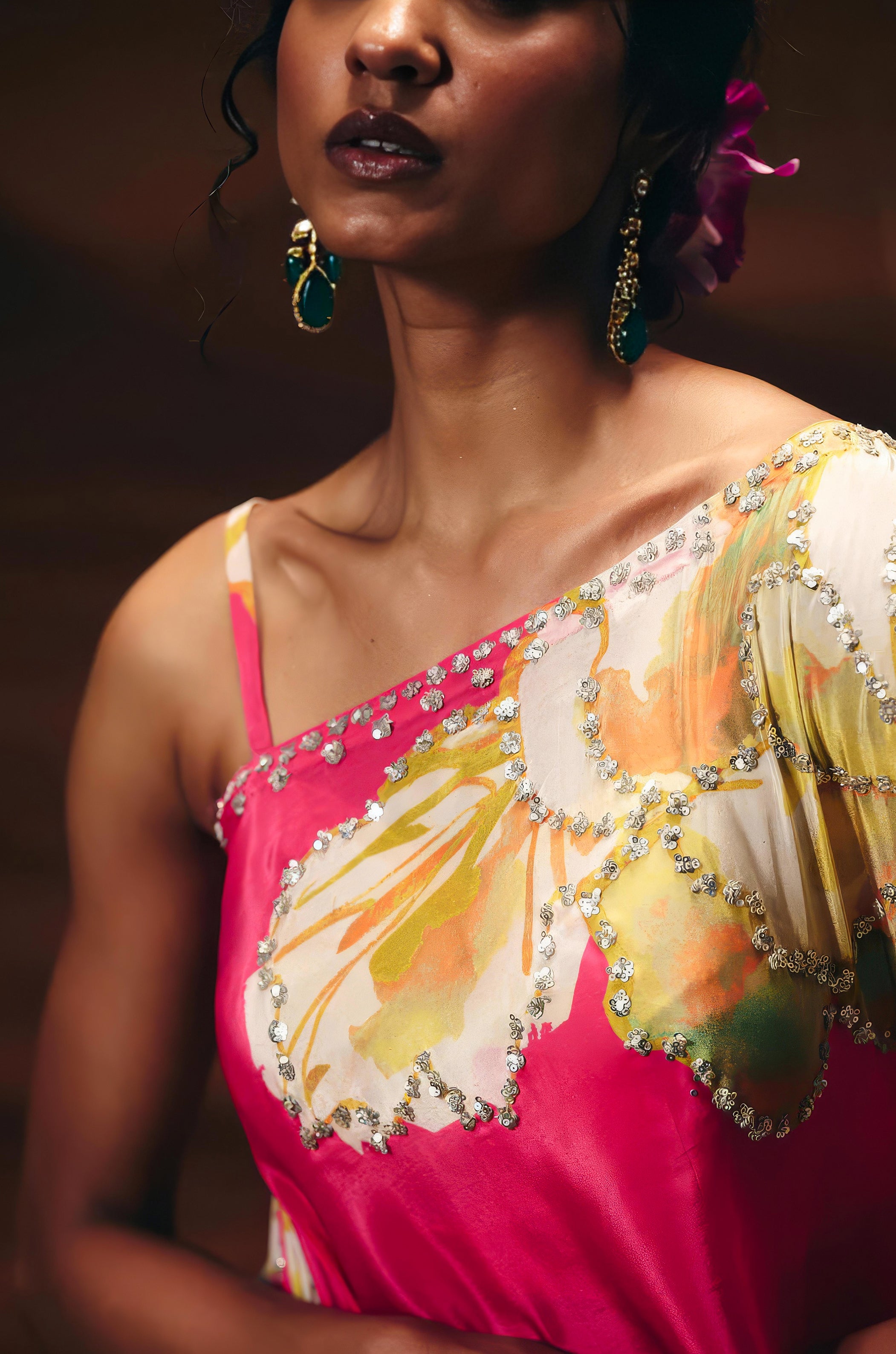 Flamingo Pink Embellished Satin Silk Kaftan Set