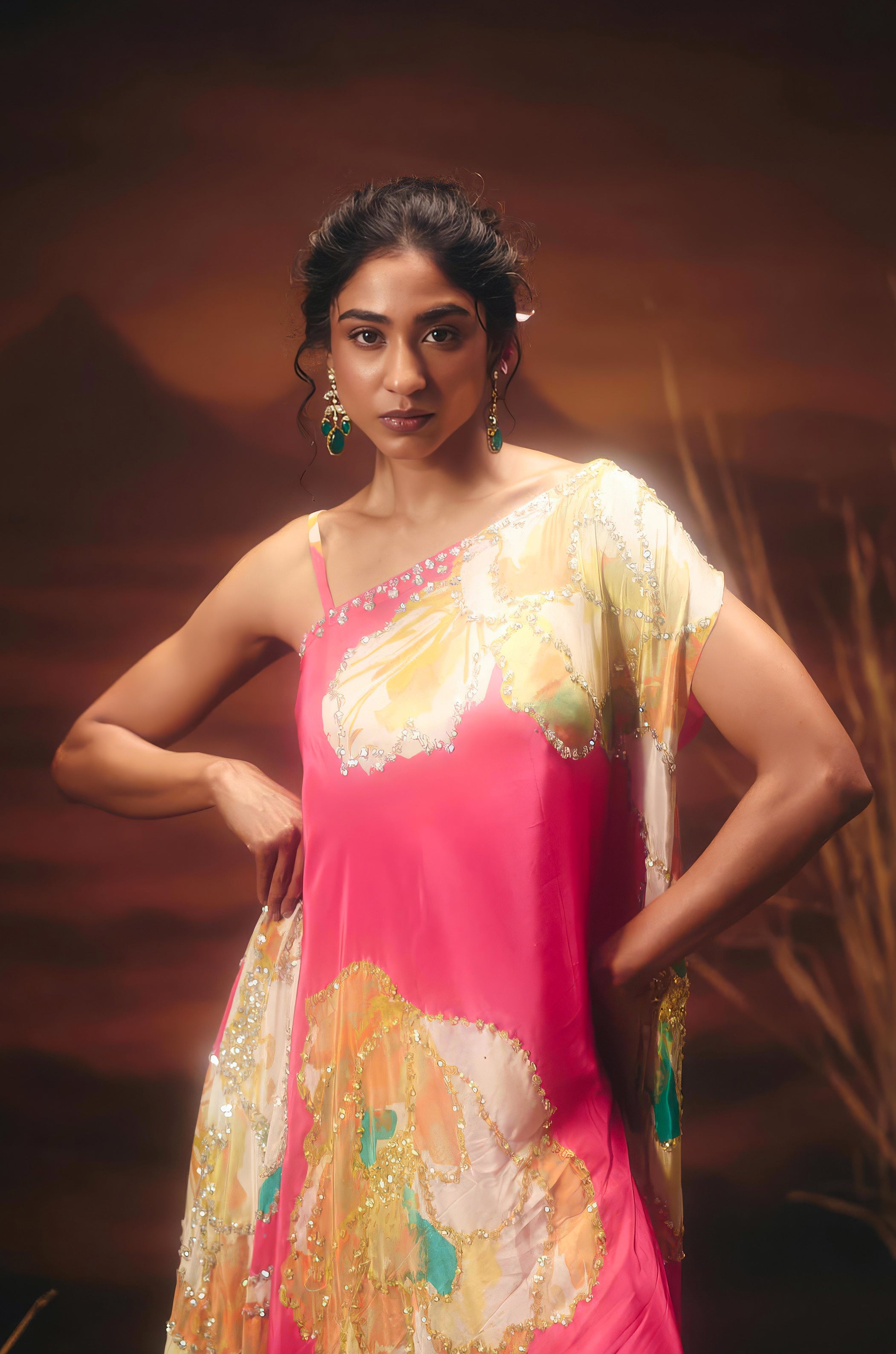 Flamingo Pink Embellished Satin Silk Kaftan Set