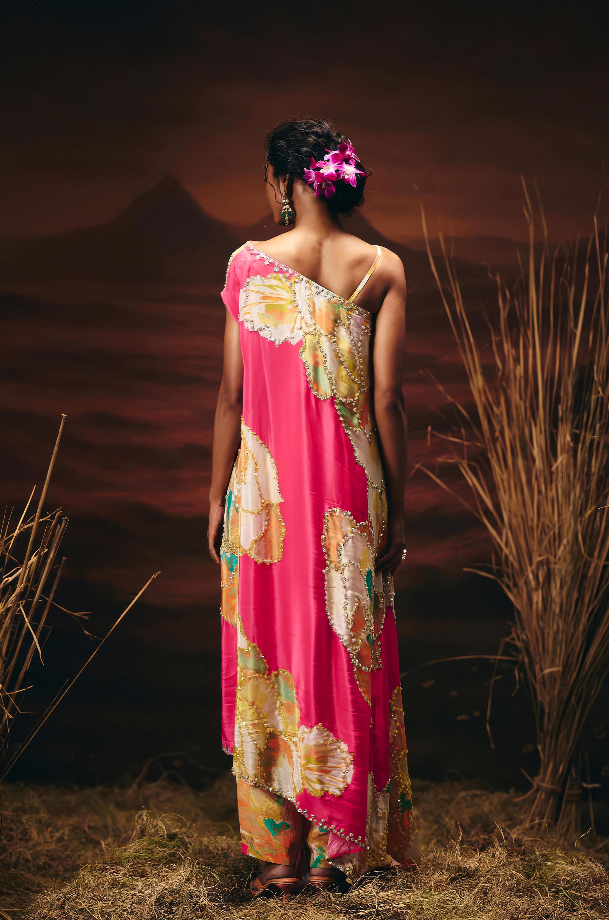 Flamingo Pink Embellished Satin Silk Kaftan Set