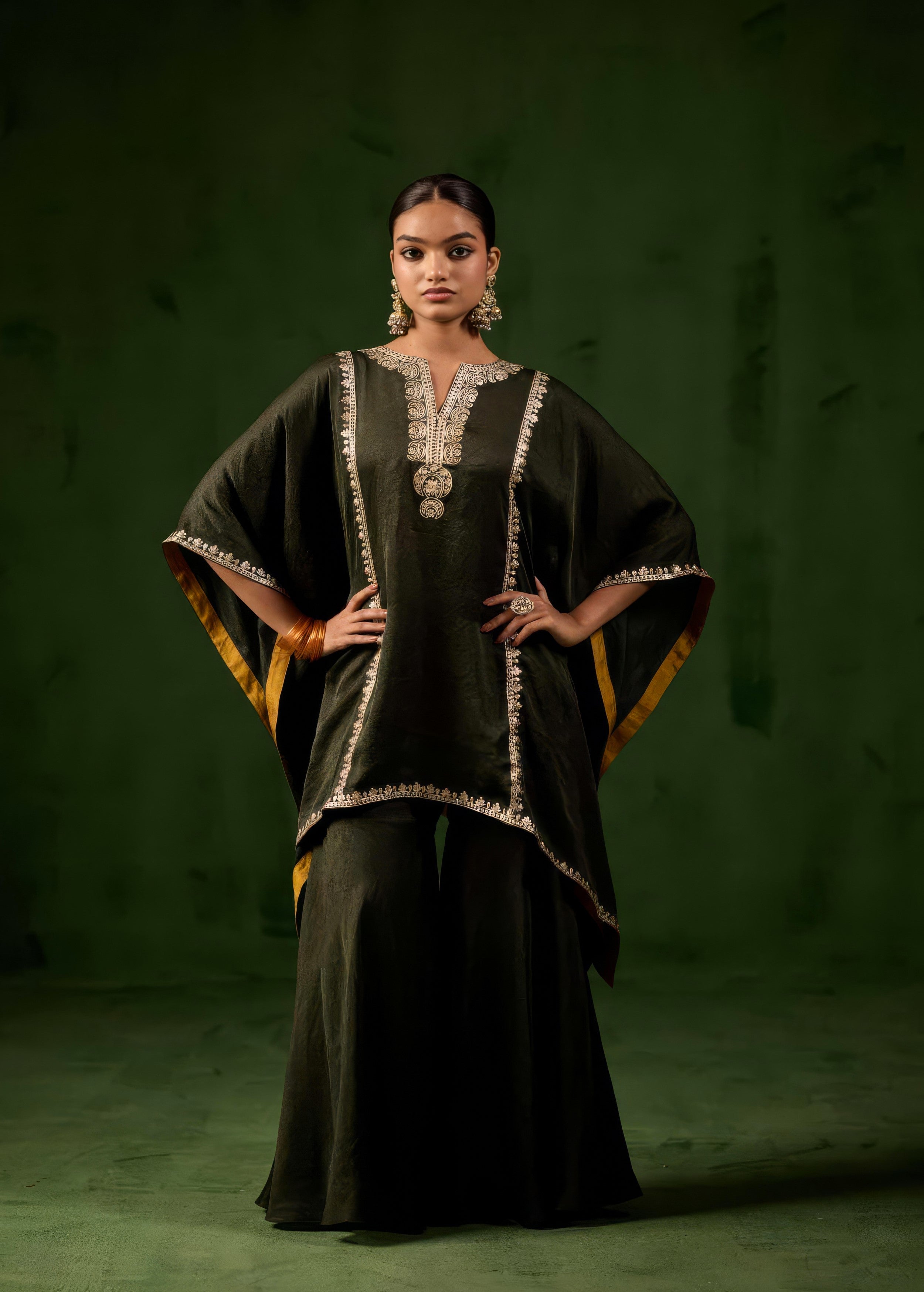 Deep Green Embellished Premium Silk Kaftan Set