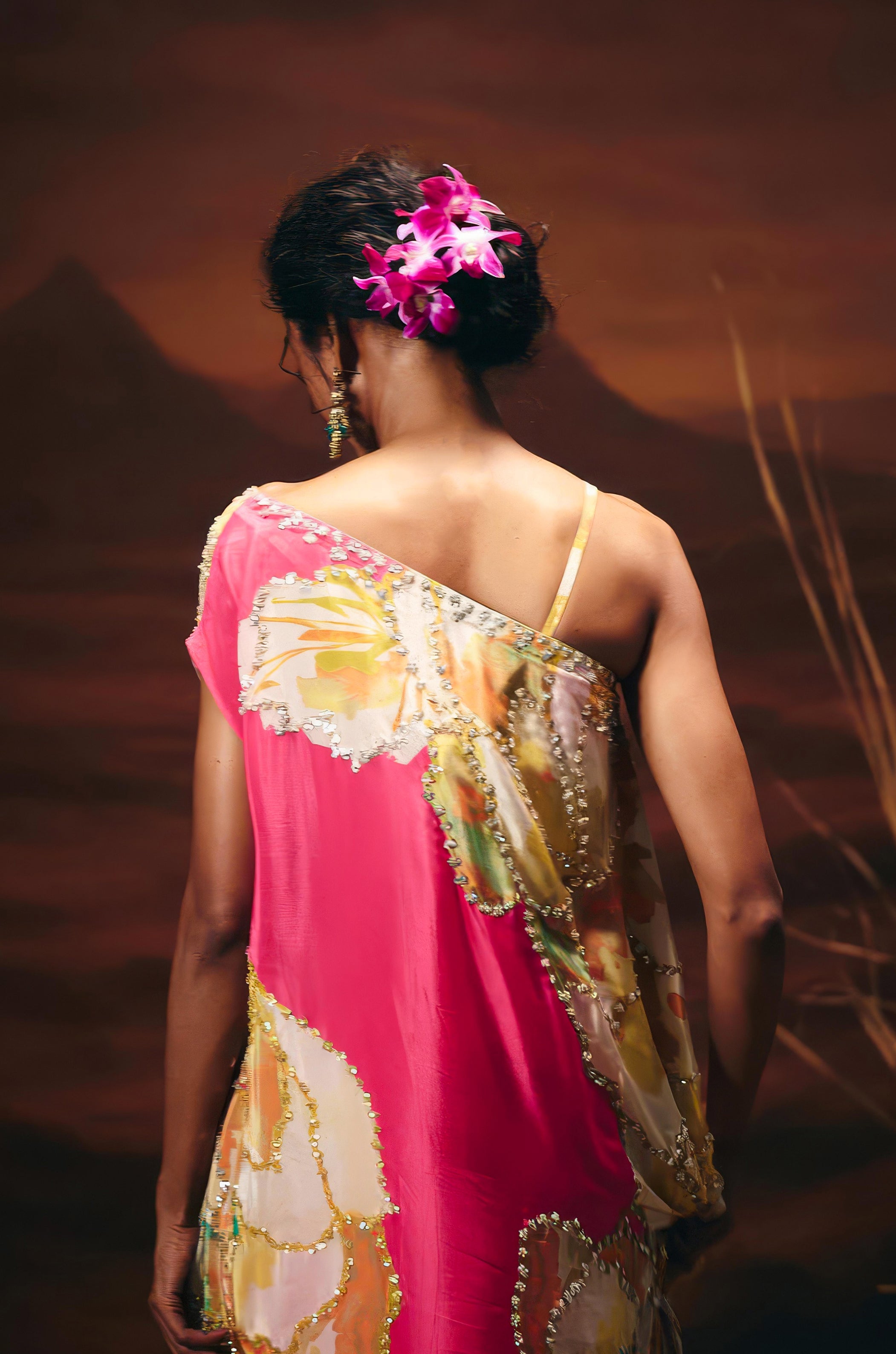 Flamingo Pink Embellished Satin Silk Kaftan Set
