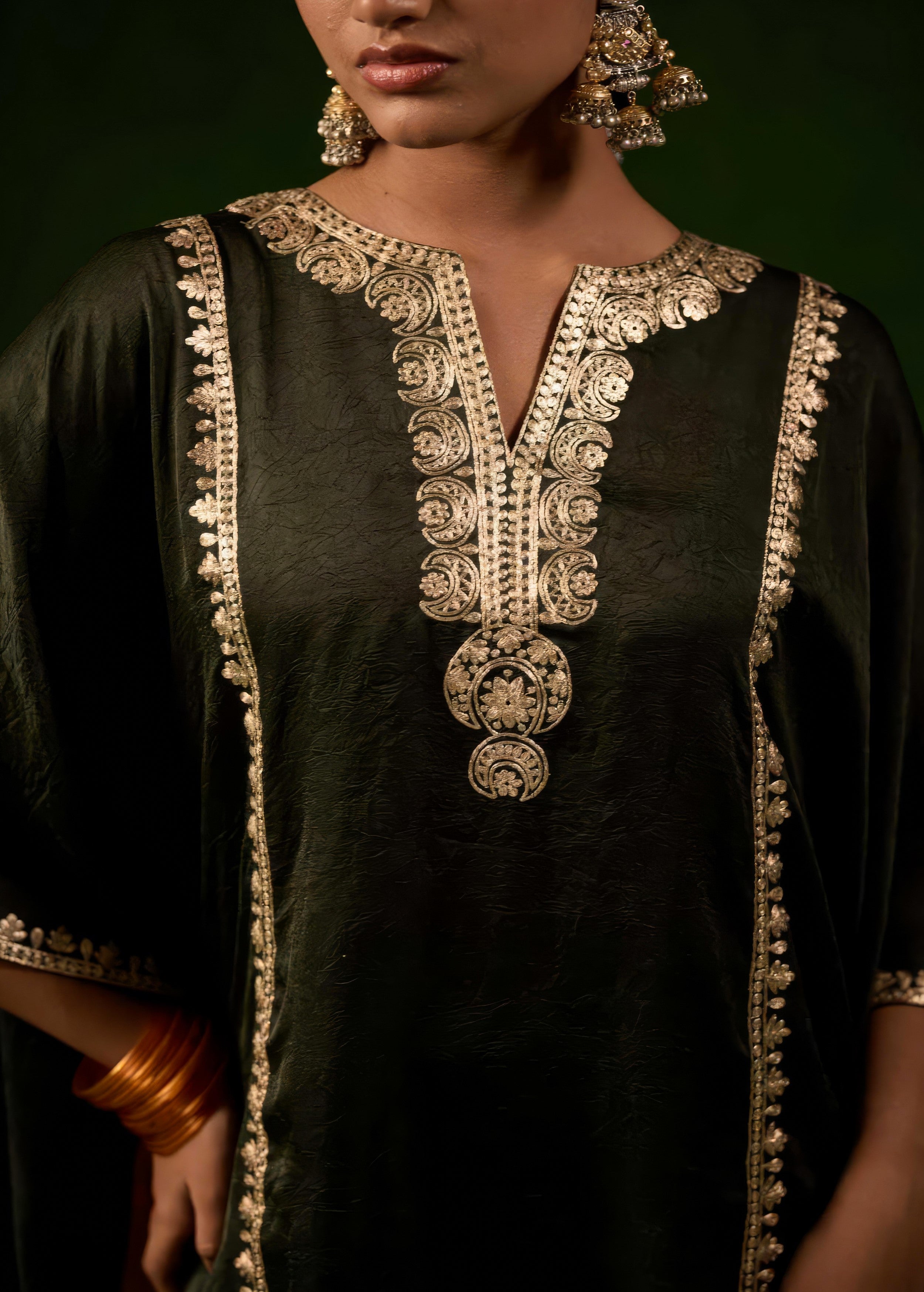 Deep Green Embellished Premium Silk Kaftan Set