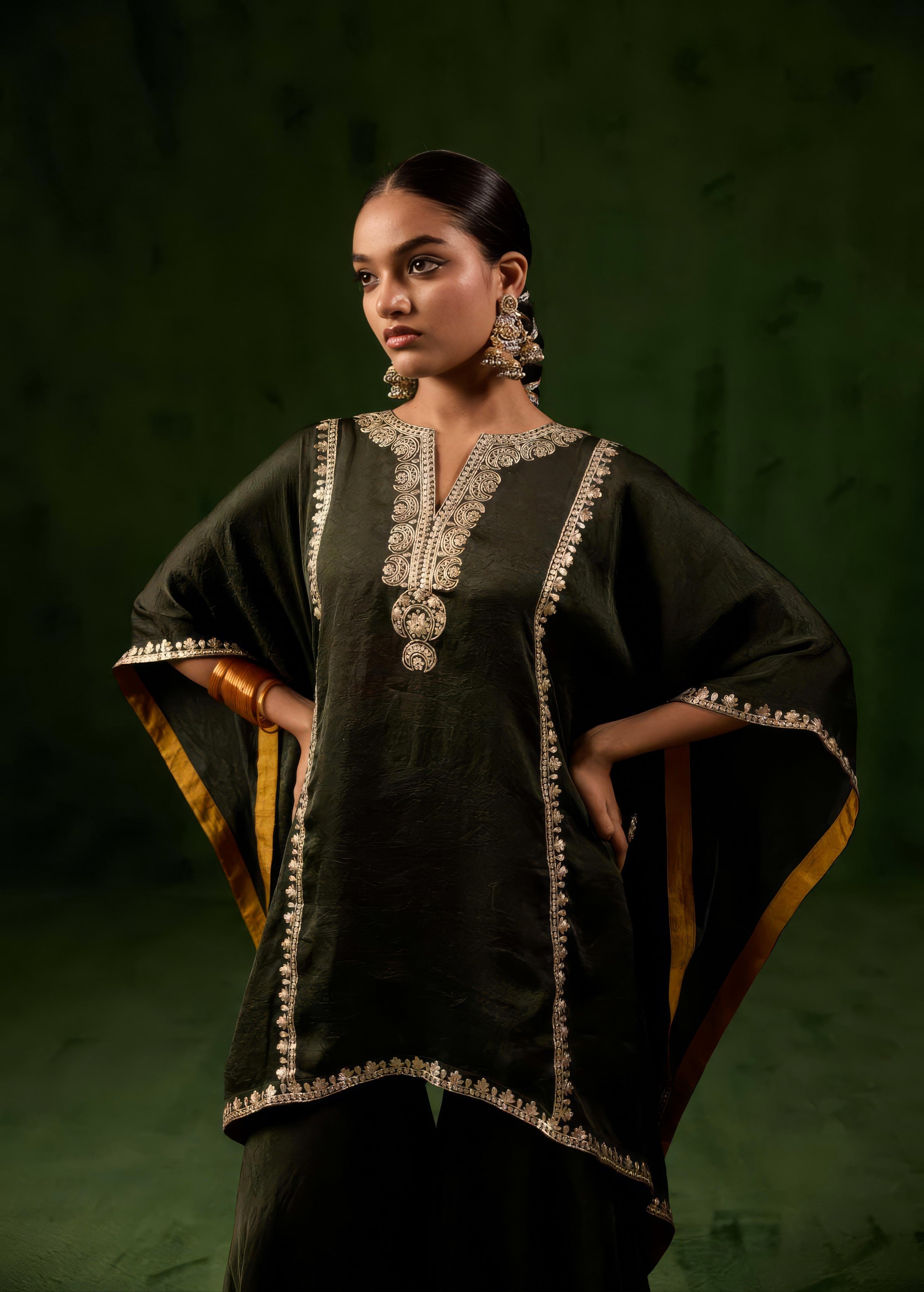 Deep Green Embellished Premium Silk Kaftan Set