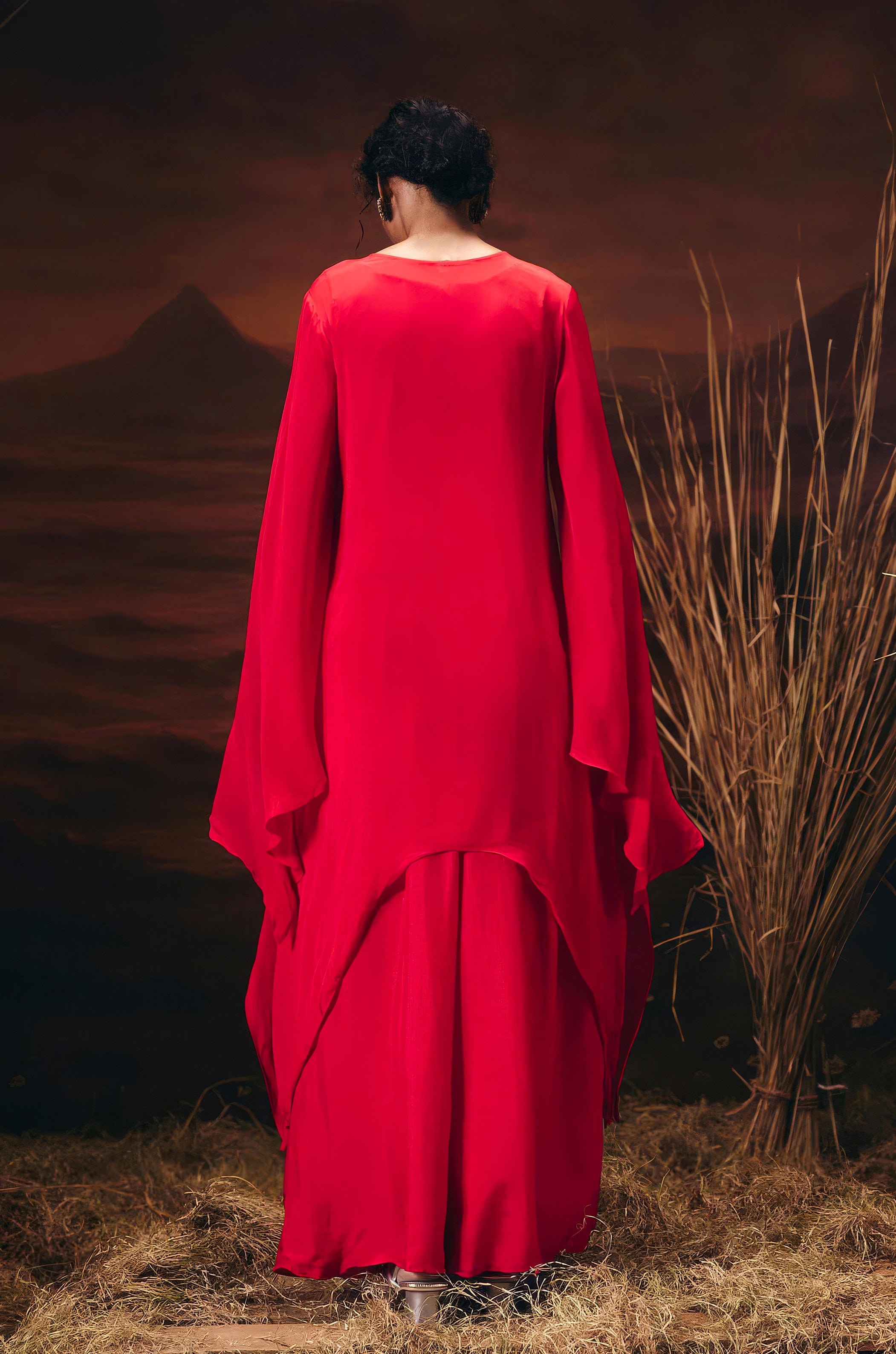 Scarlet Red Embellished Chinon Silk Palazzo Set