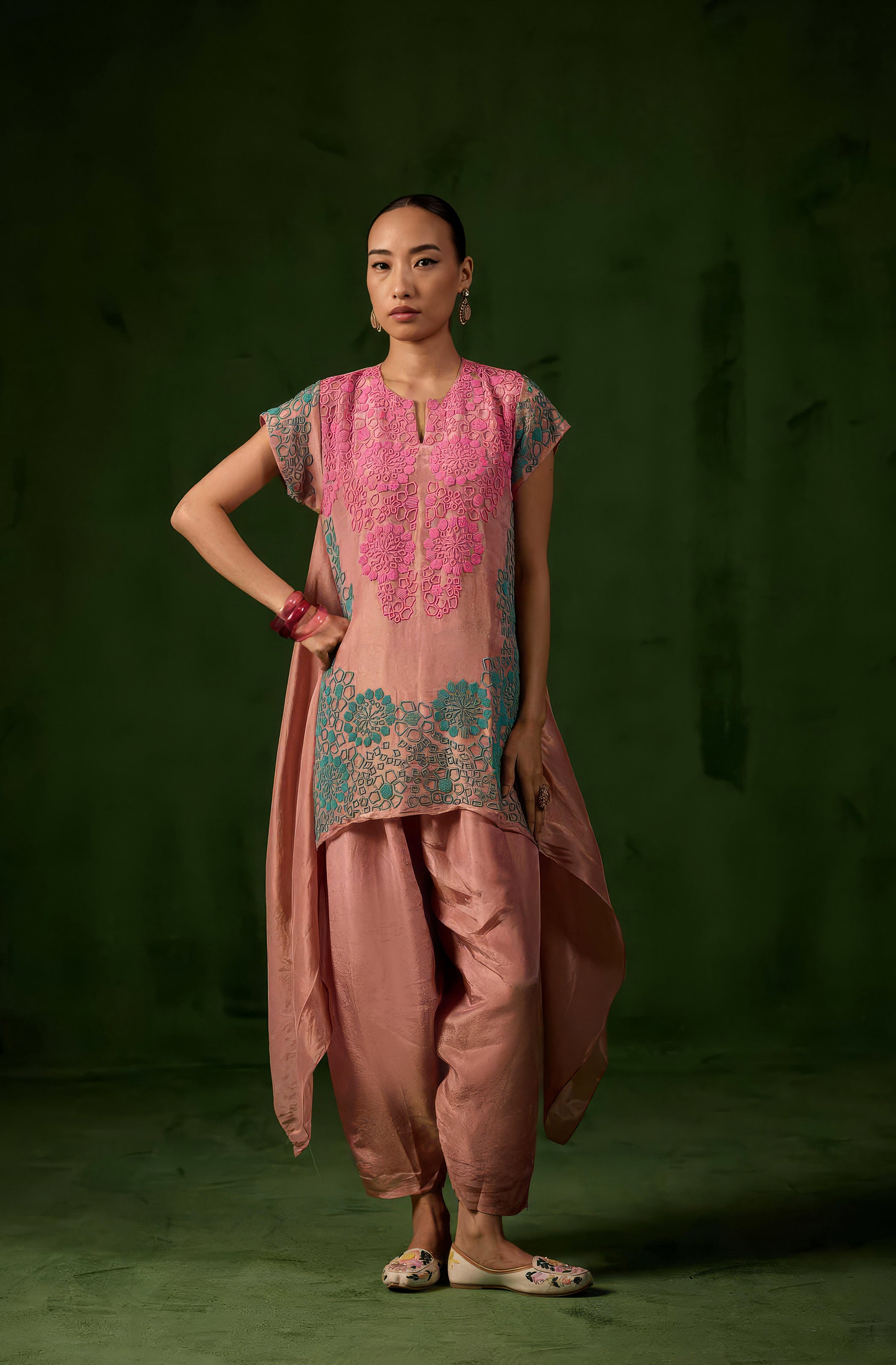 Blush Peach Embellished Shimmer Tissue Silk Co-Ord Set