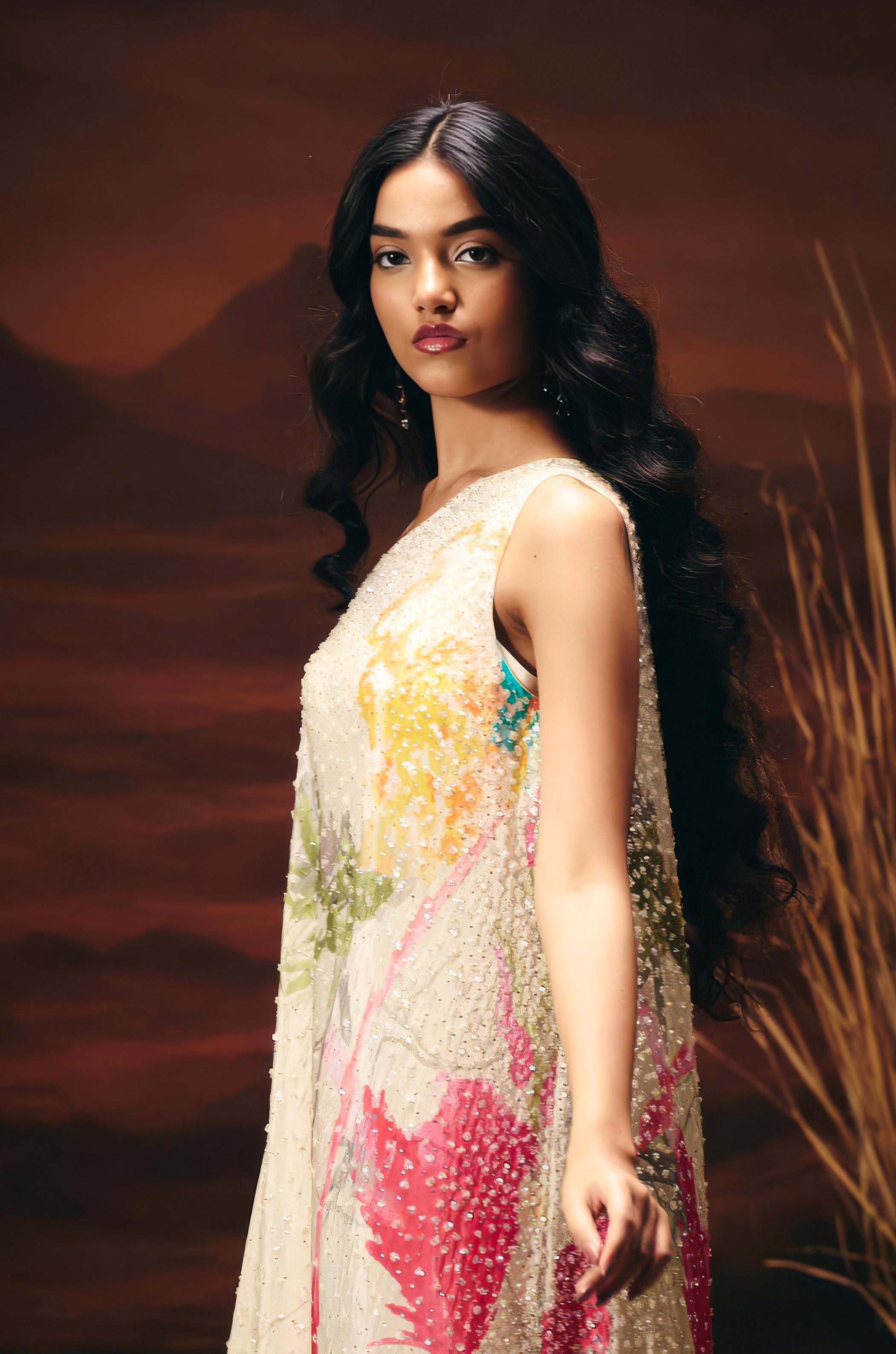 Off-White Embellished Satin Silk Kaftan Set