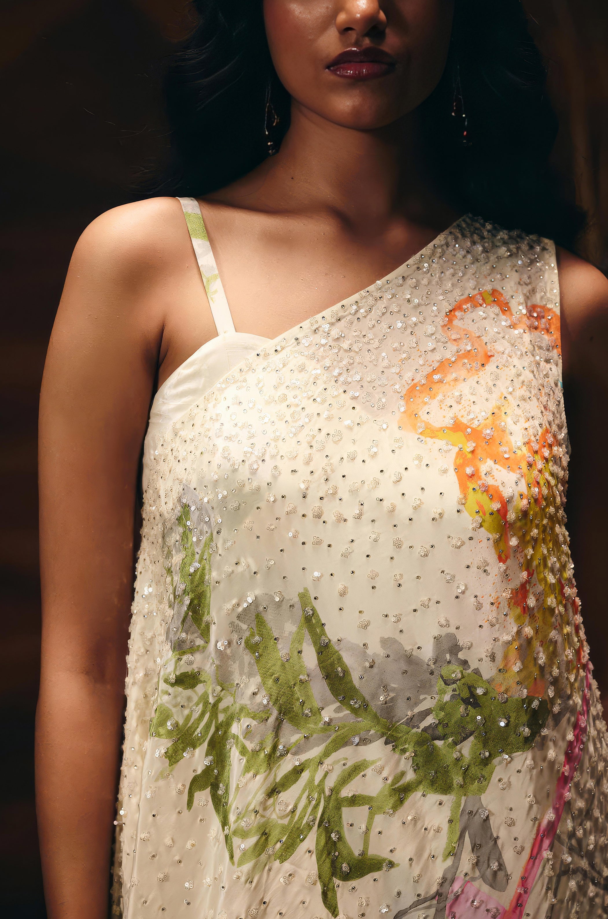 Off-White Embellished Satin Silk Kaftan Set