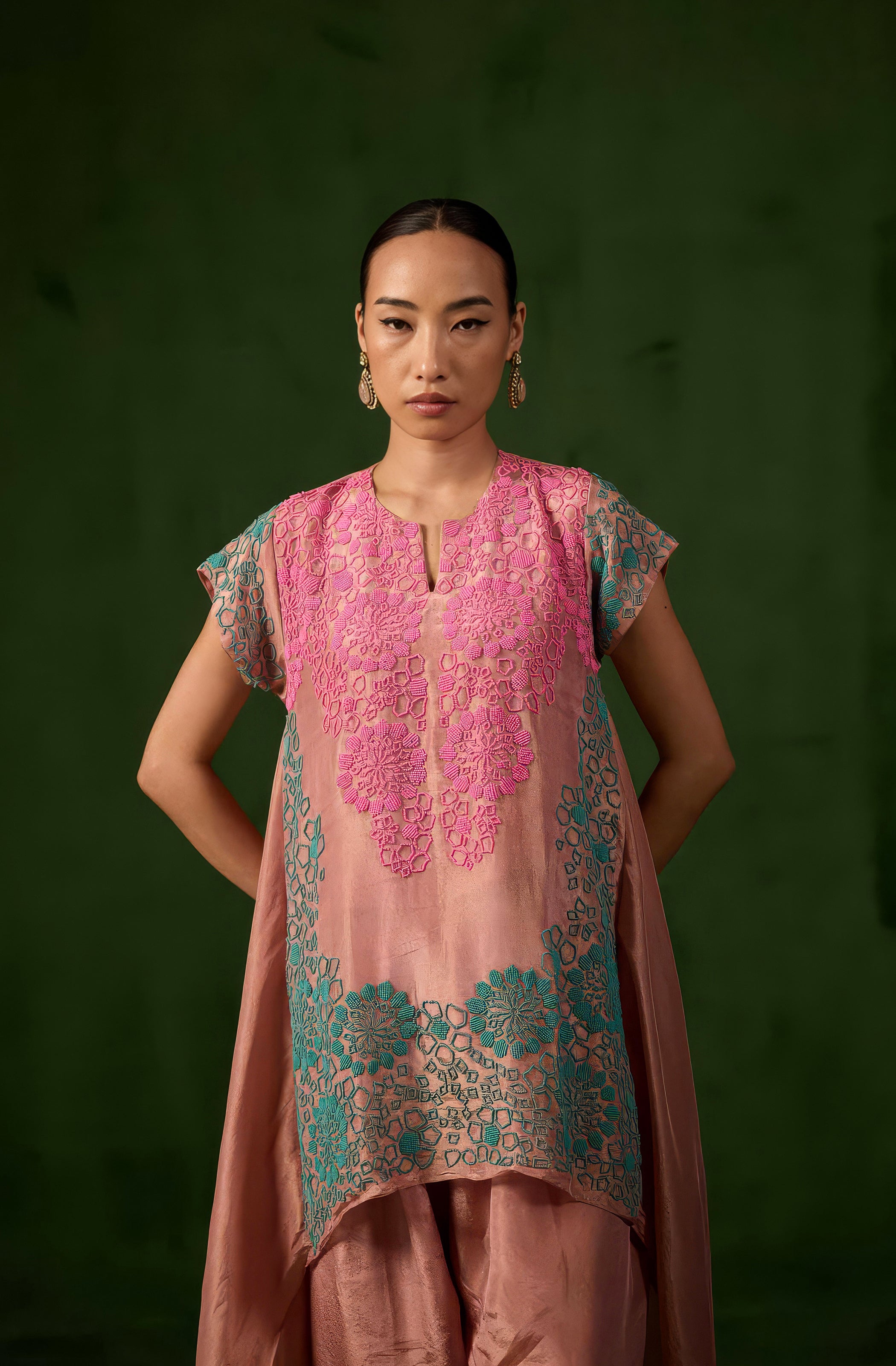 Blush Peach Embellished Shimmer Tissue Silk Co-Ord Set