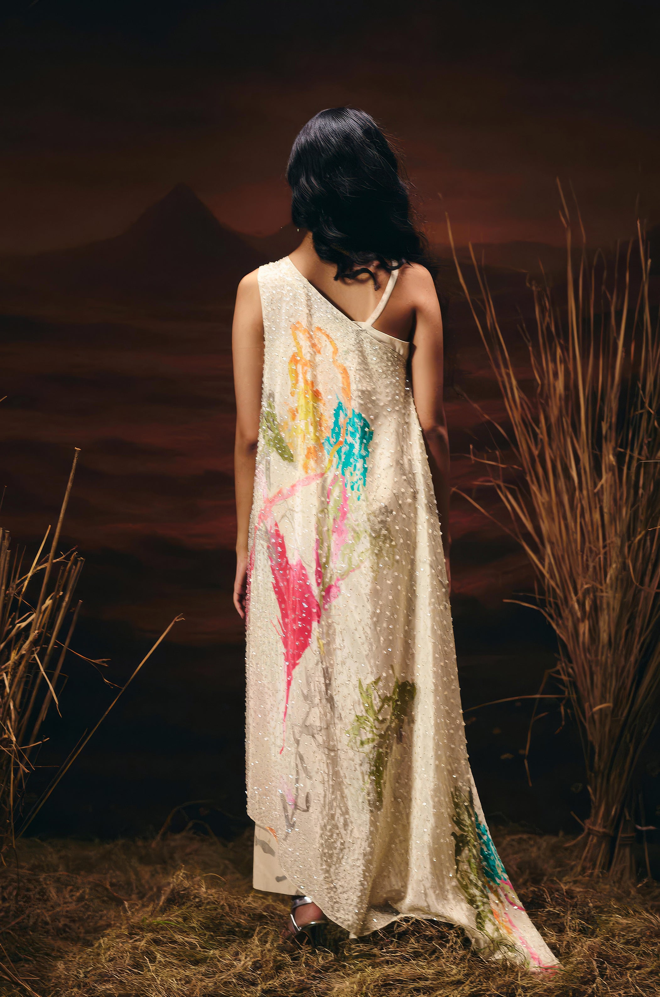 Off-White Embellished Satin Silk Kaftan Set