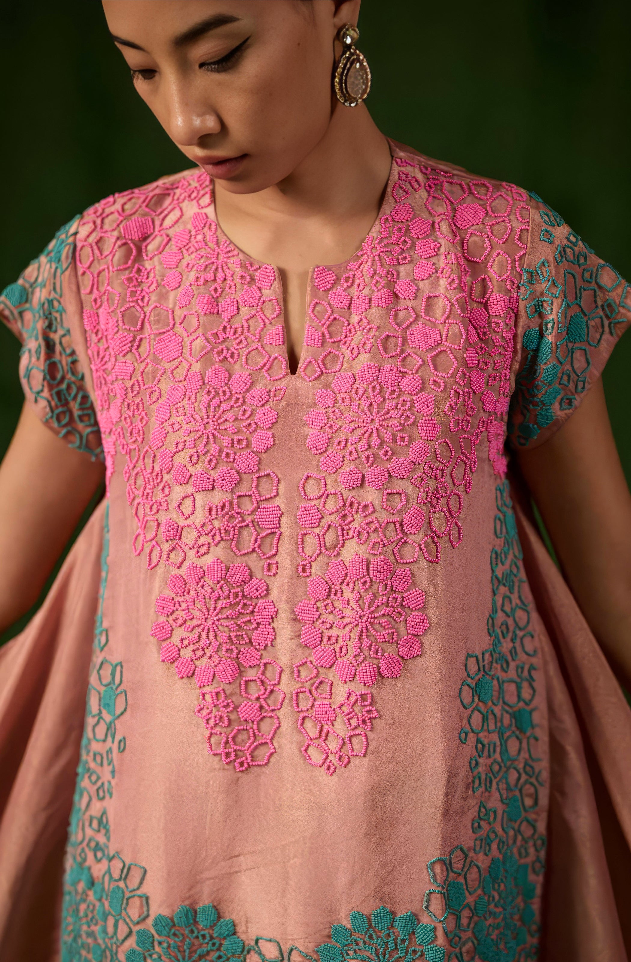 Blush Peach Embellished Shimmer Organza Silk Co-Ord Set