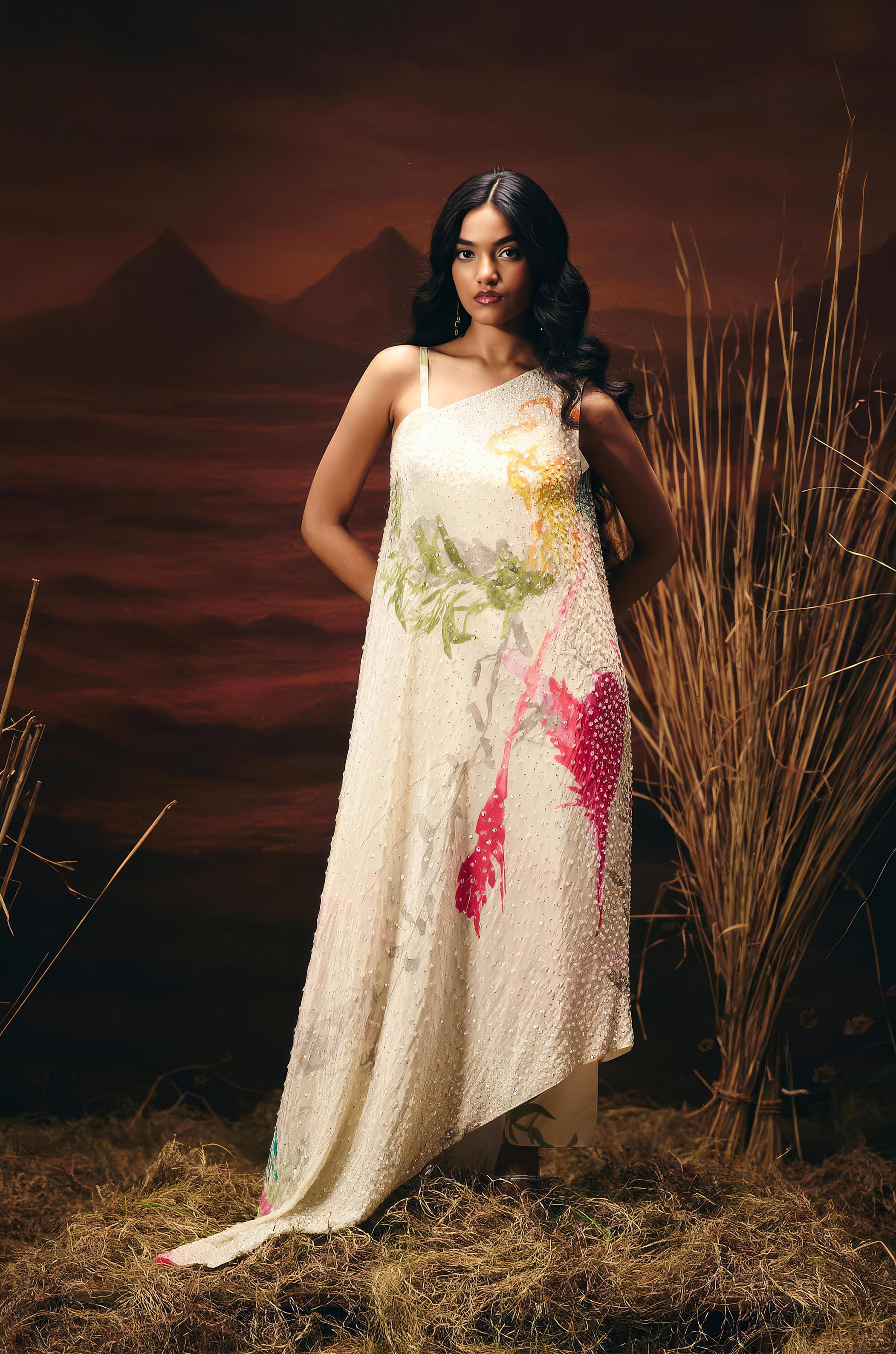 Off-White Embellished Satin Silk Kaftan Set