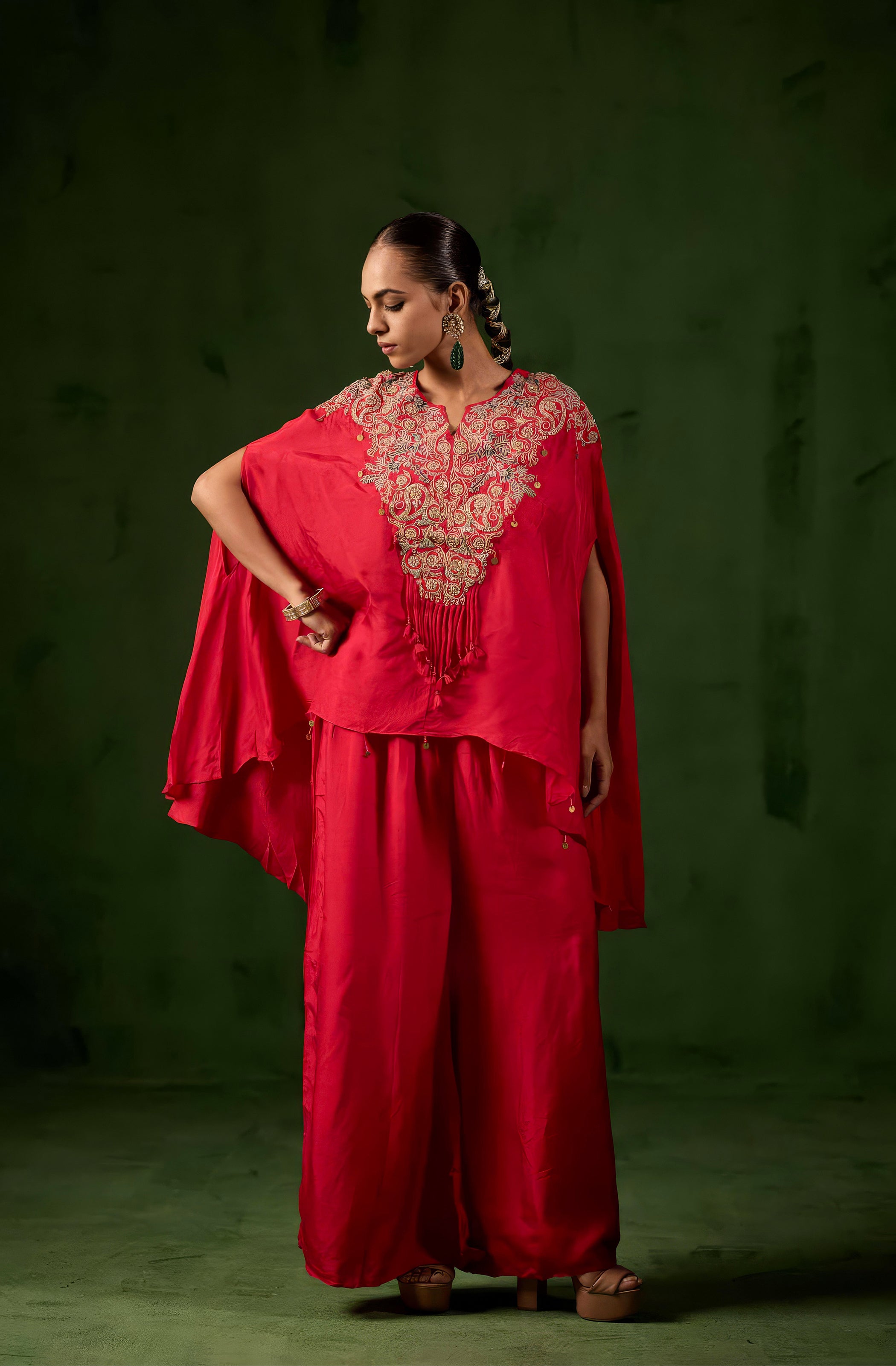 Vibrant Red Embellished Raw Silk Palazzo Set