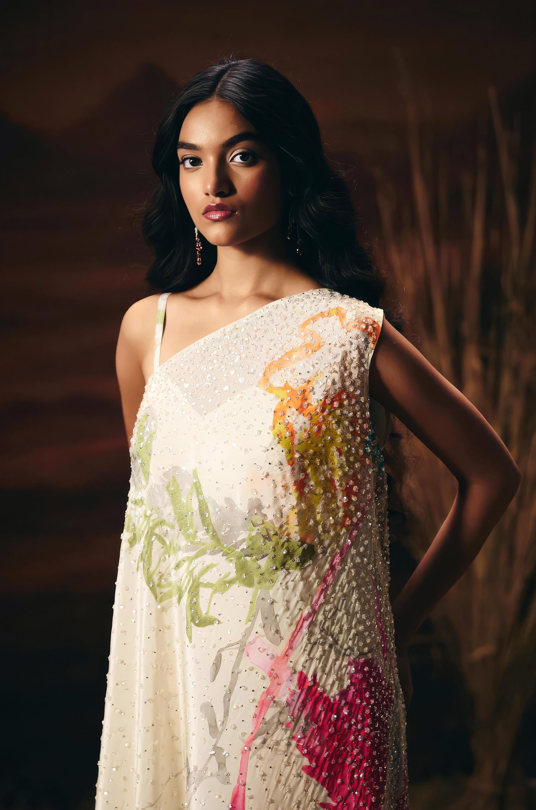 Off-White Embellished Satin Silk Kaftan Set