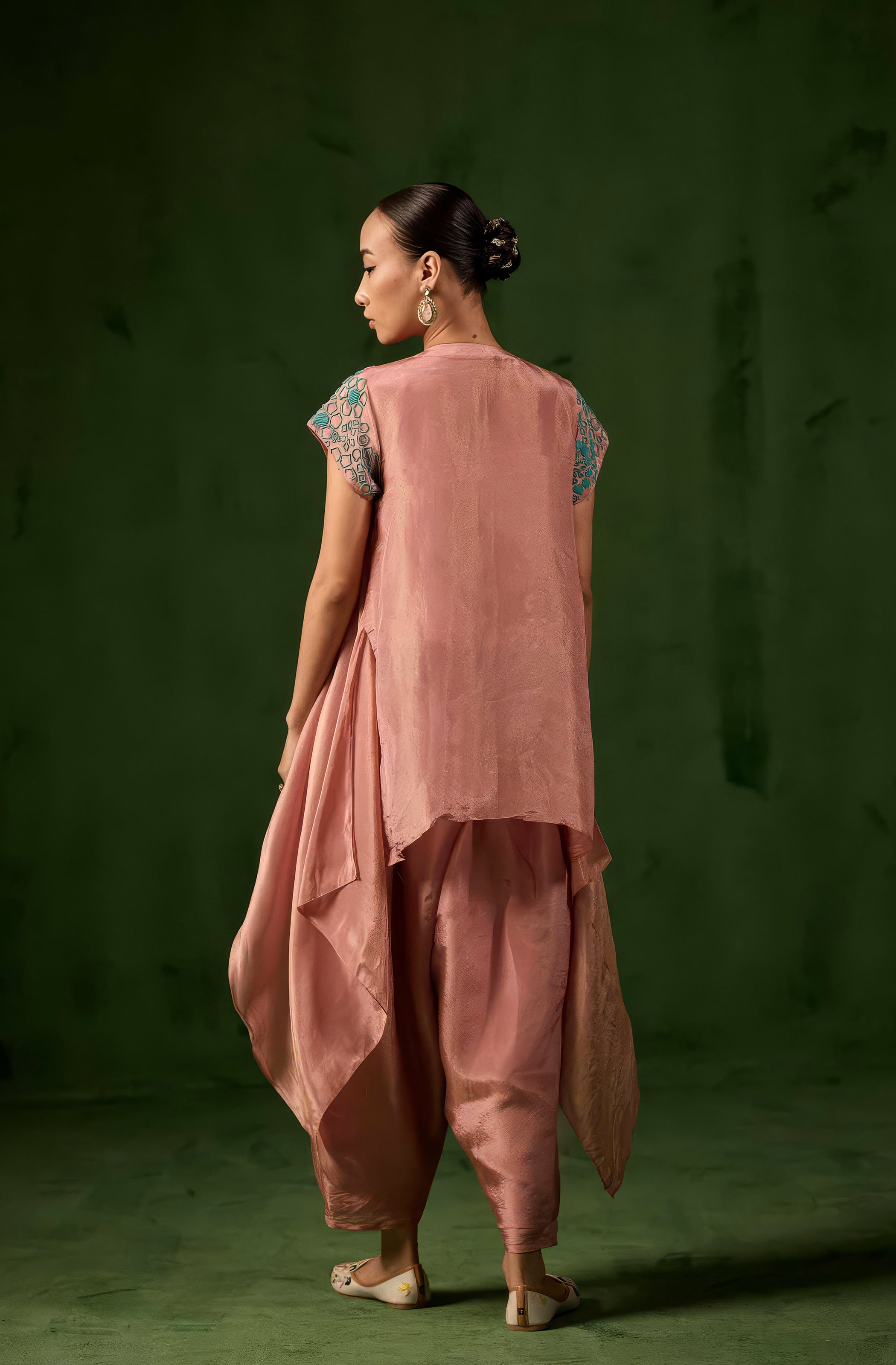 Blush Peach Embellished Shimmer Tissue Silk Co-Ord Set