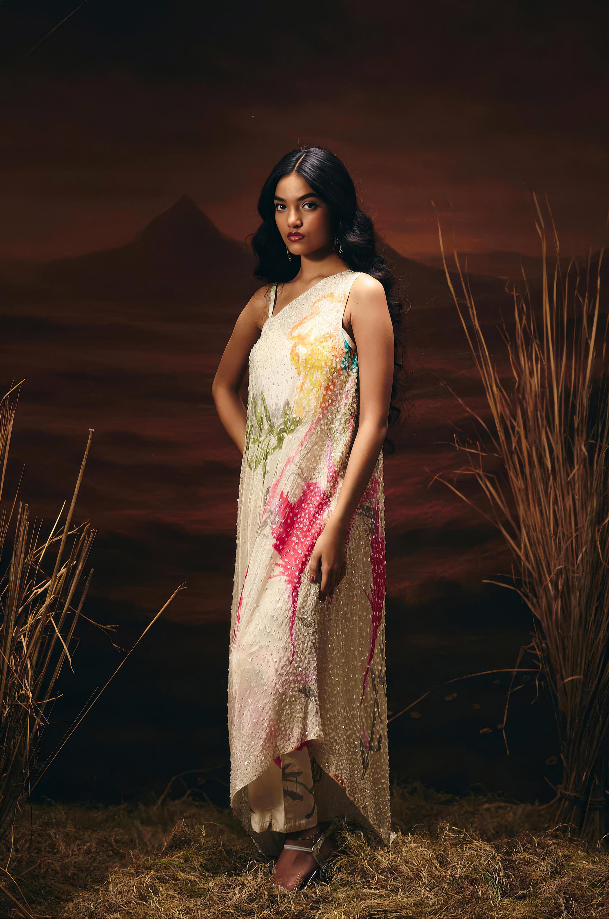 Off-White Embellished Satin Silk Kaftan Set