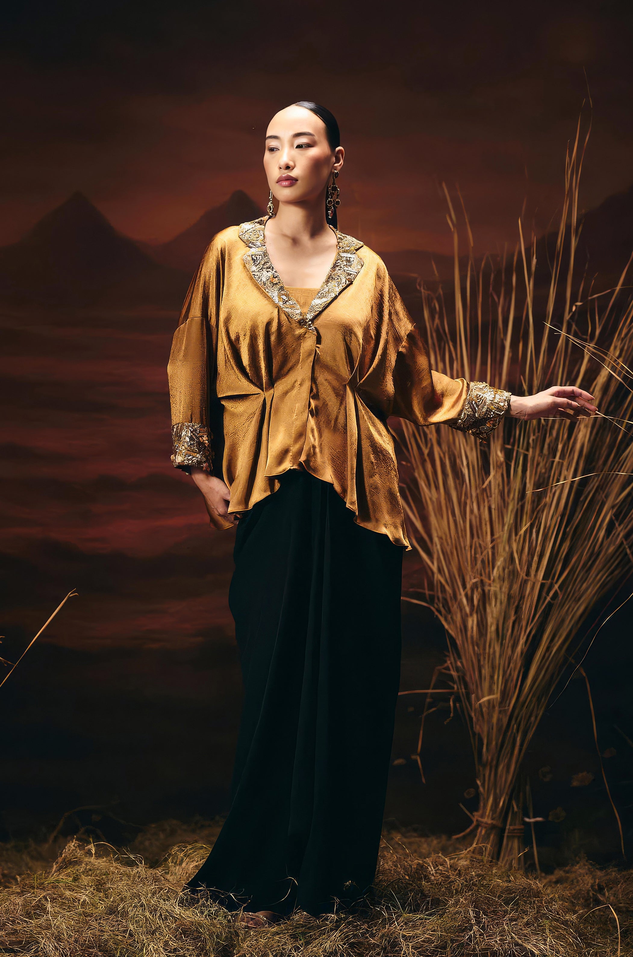 Antique Gold Embellished Satin Silk Skirt Set