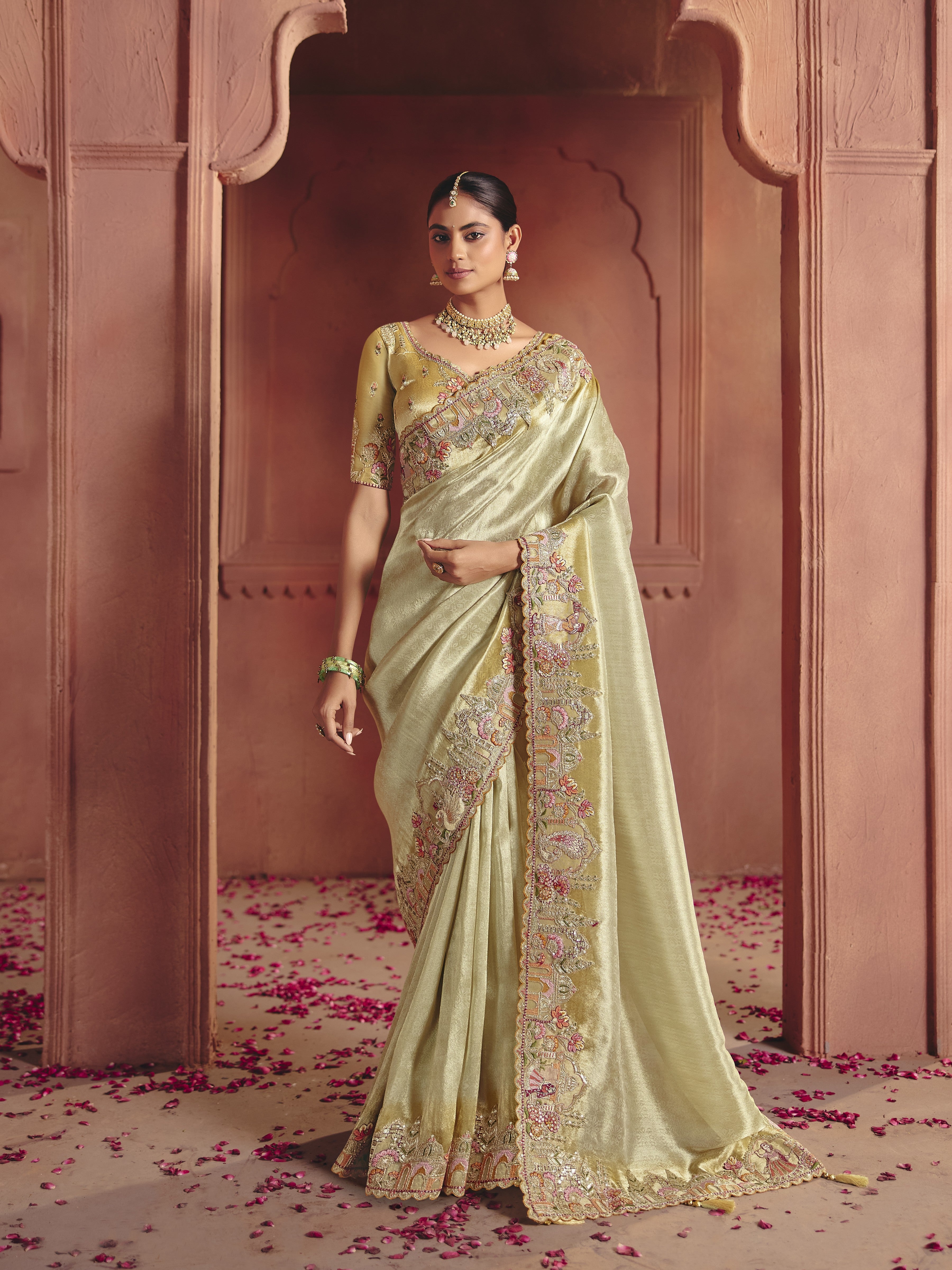 Ivory Gold Embellished Shimmer Tissue Silk Saree