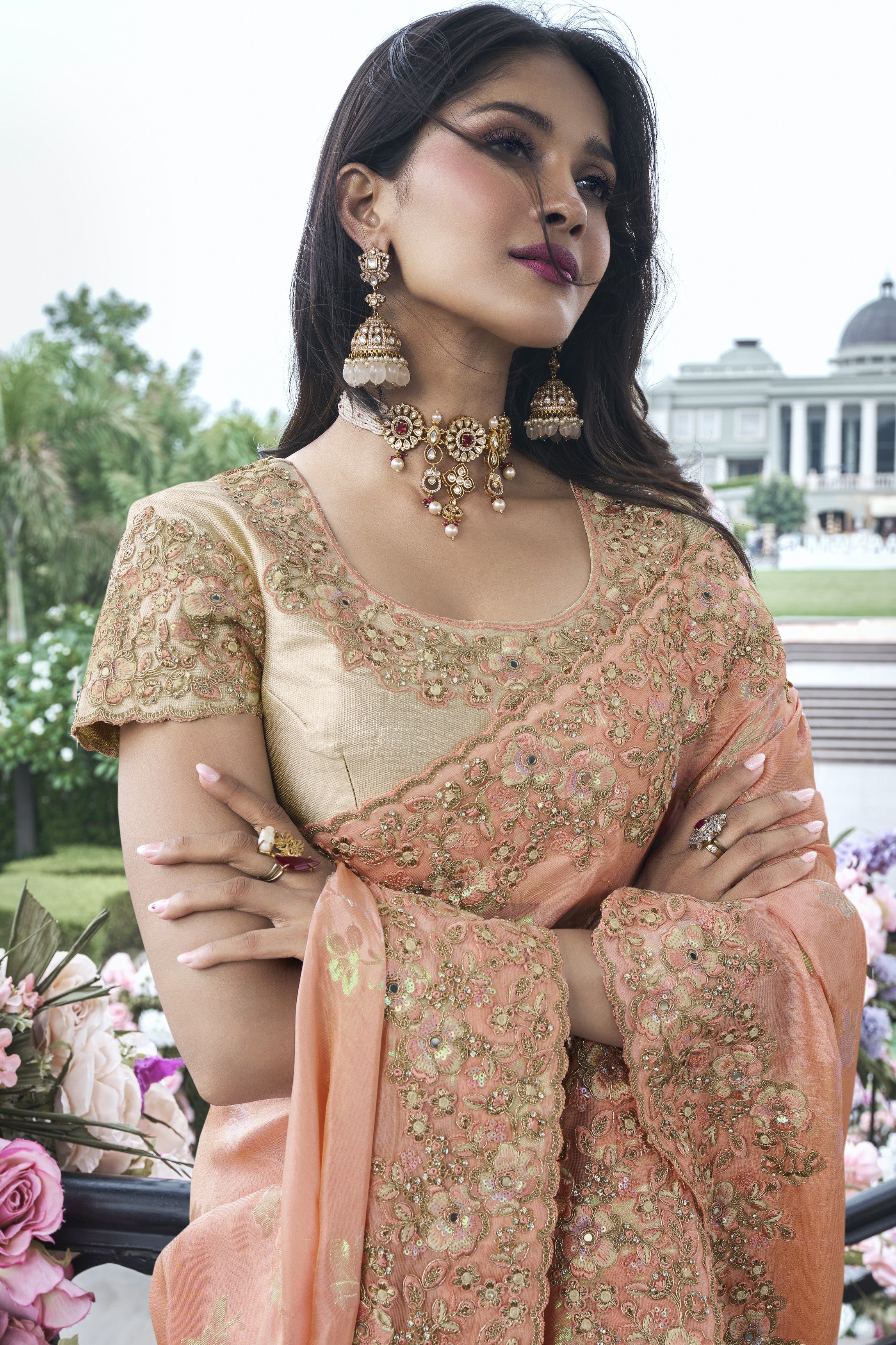 Peach Embroidered Designer Saree