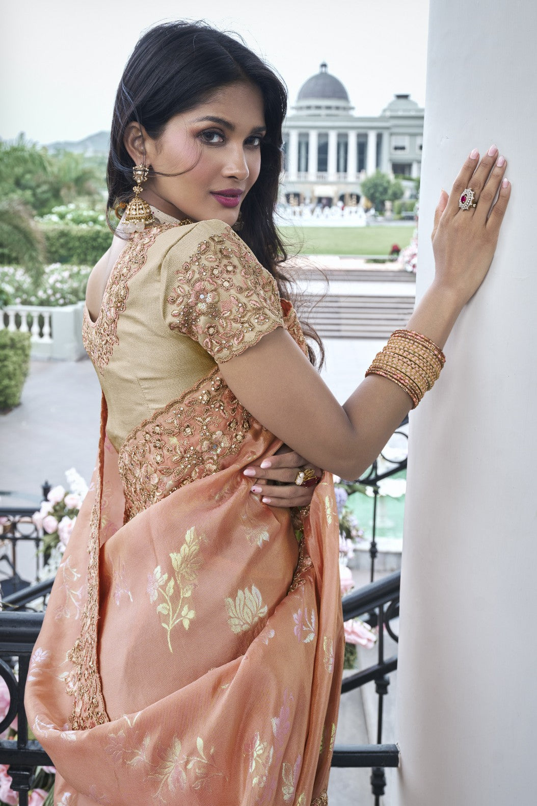 Peach Embroidered Designer Saree