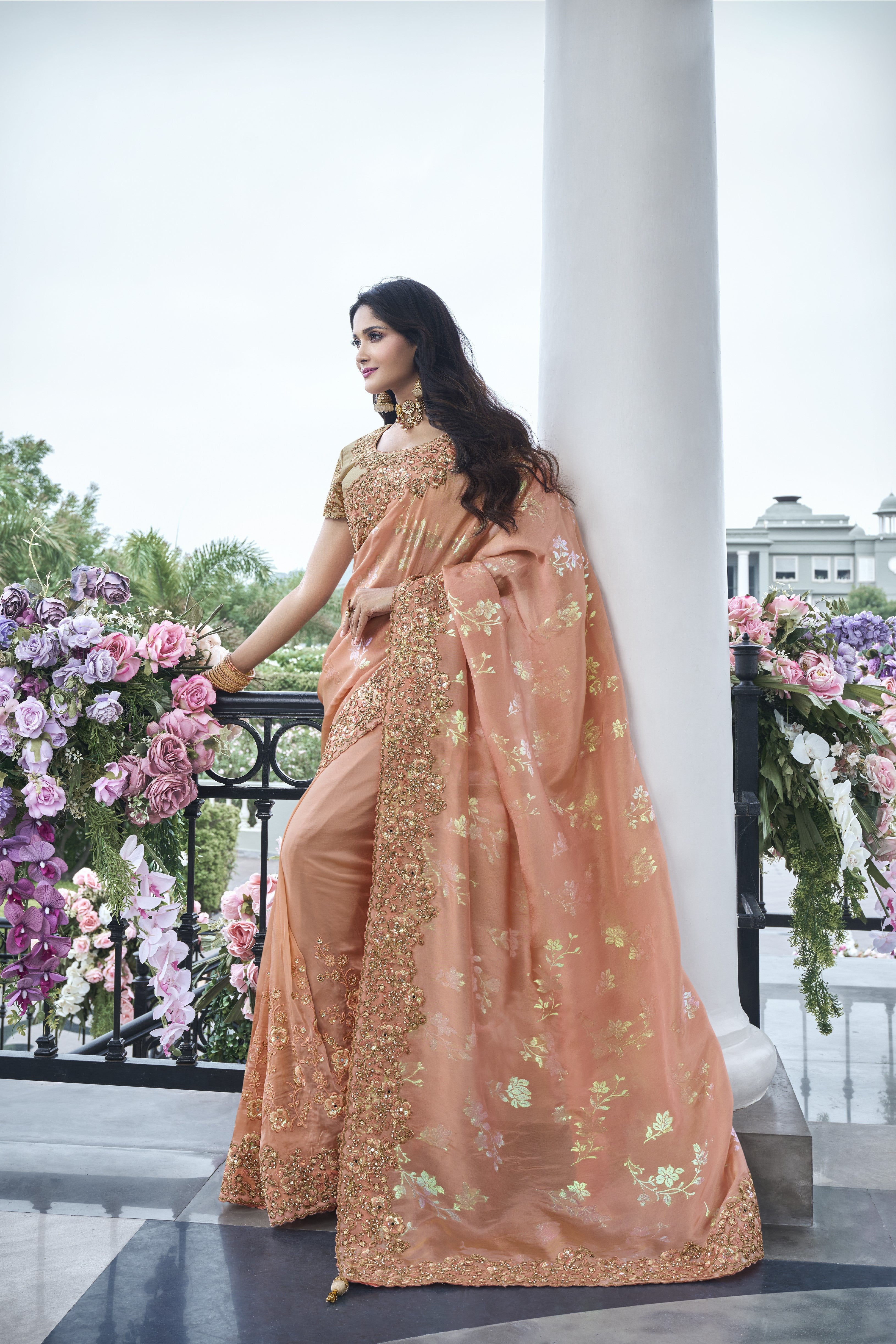 Peach Embroidered Designer Saree