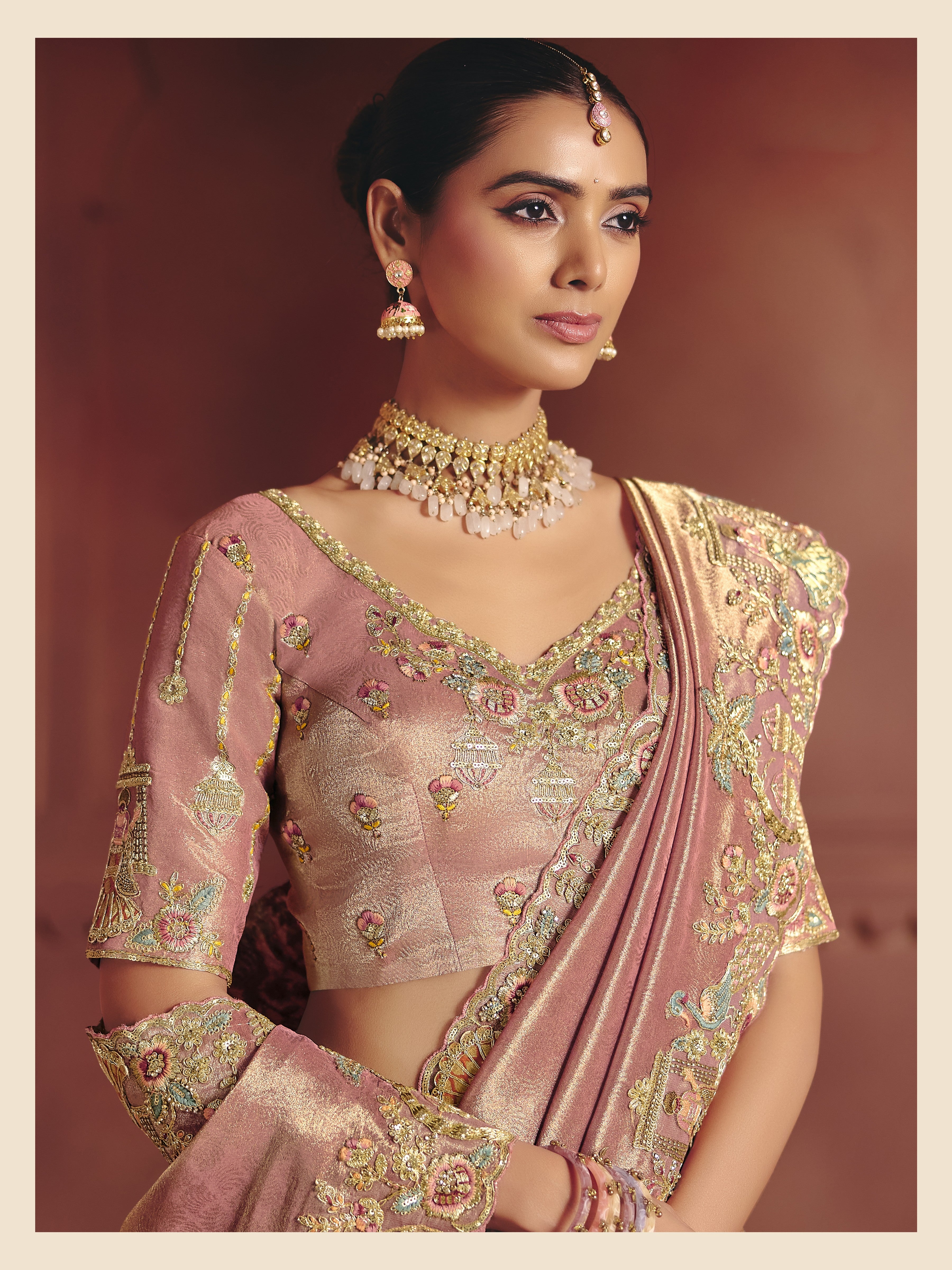 Regal Pink Embellished Shimmer Tissue Silk Saree