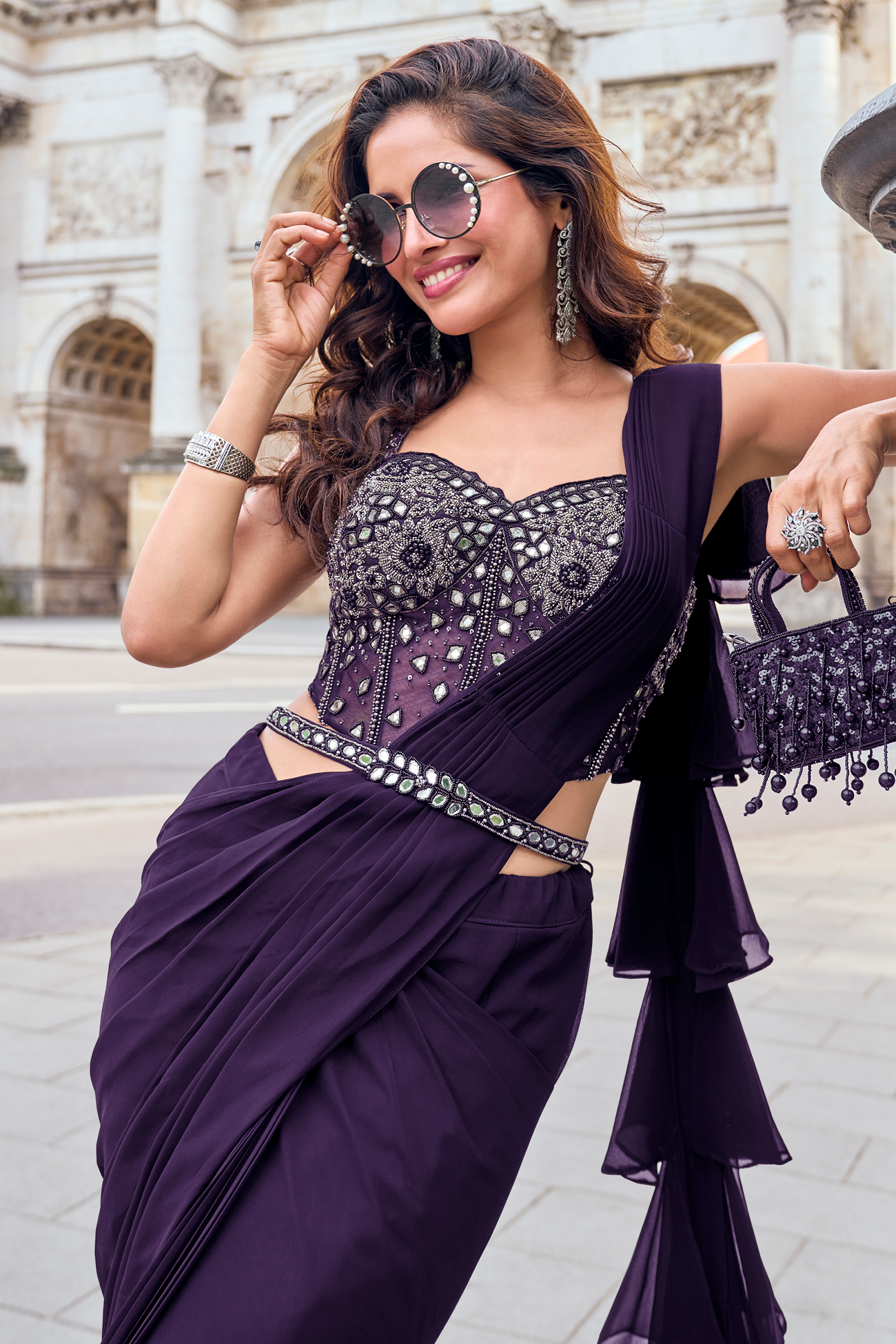 Regal Purple Embellished Georgette Silk Draped Saree