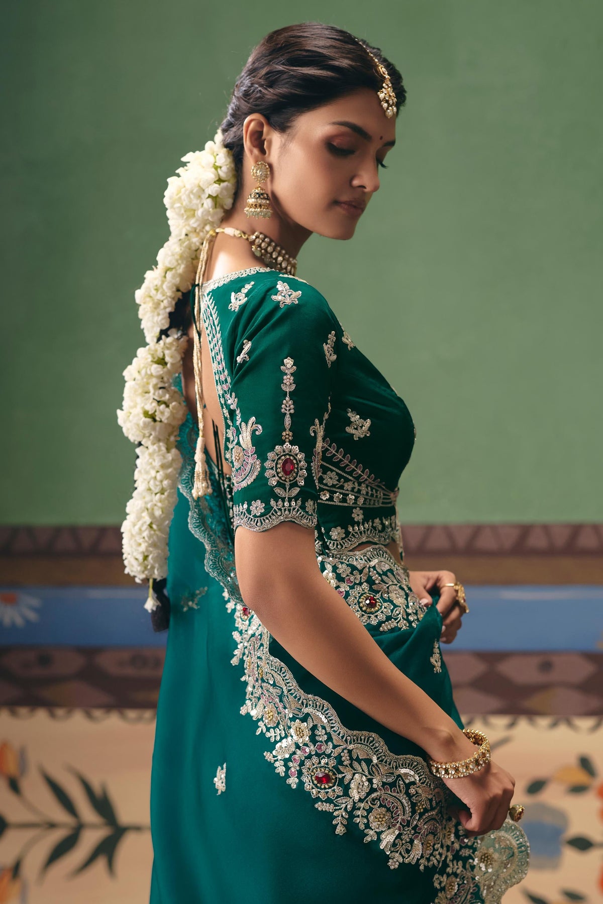 Rama Green Embellished Tissue Silk Saree