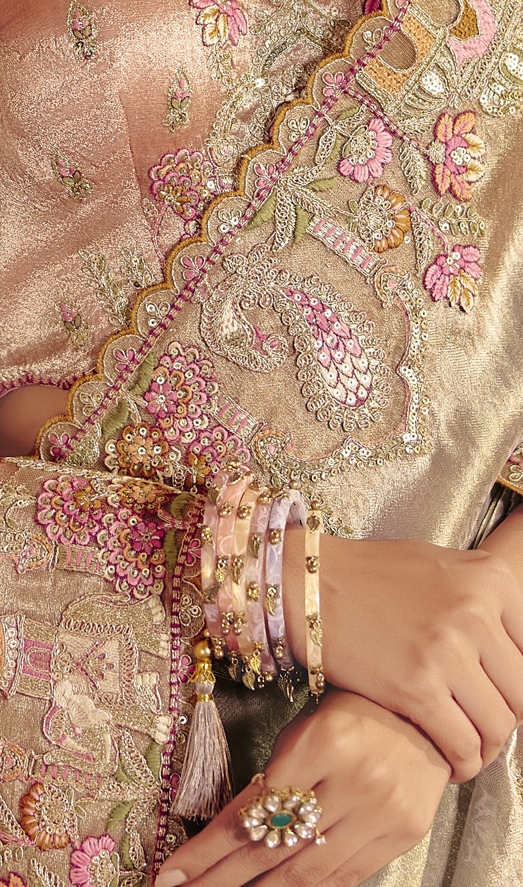 Antique Gold Embellished Shimmer Tissue Silk Saree