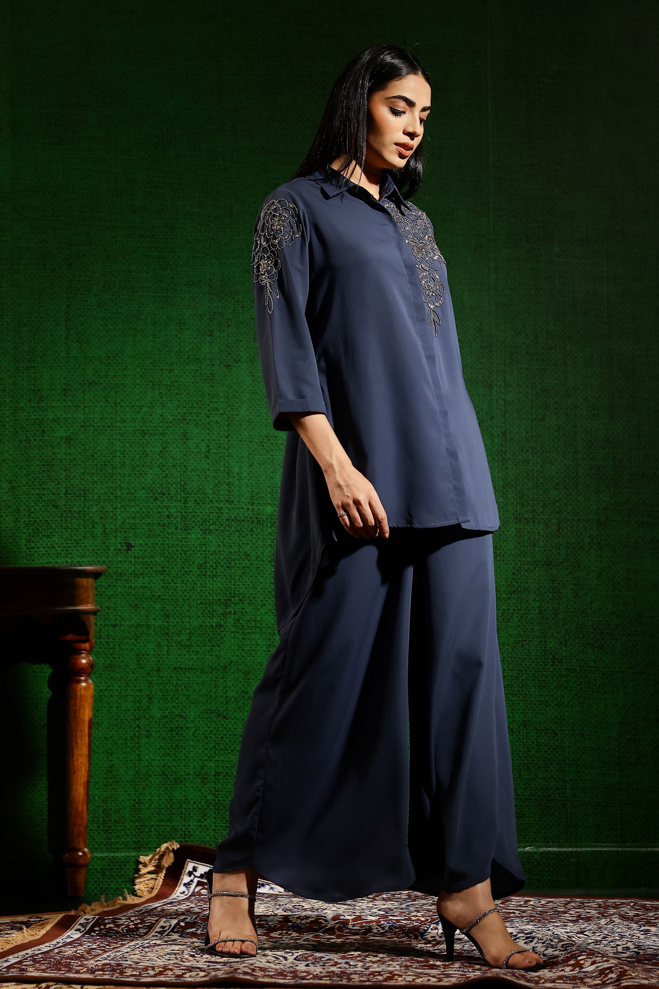 Dusty Blue Embellished Swiss Georgette Silk Co-Ord Set
