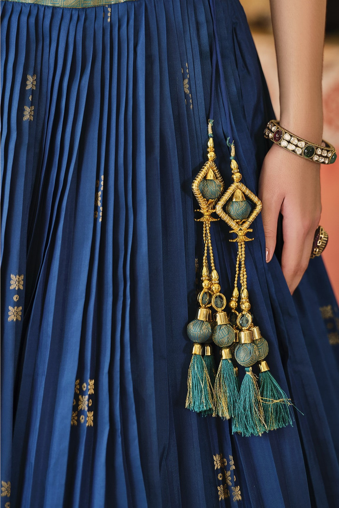 Teal Blue Golden Banarasi Silk Lehenga Set