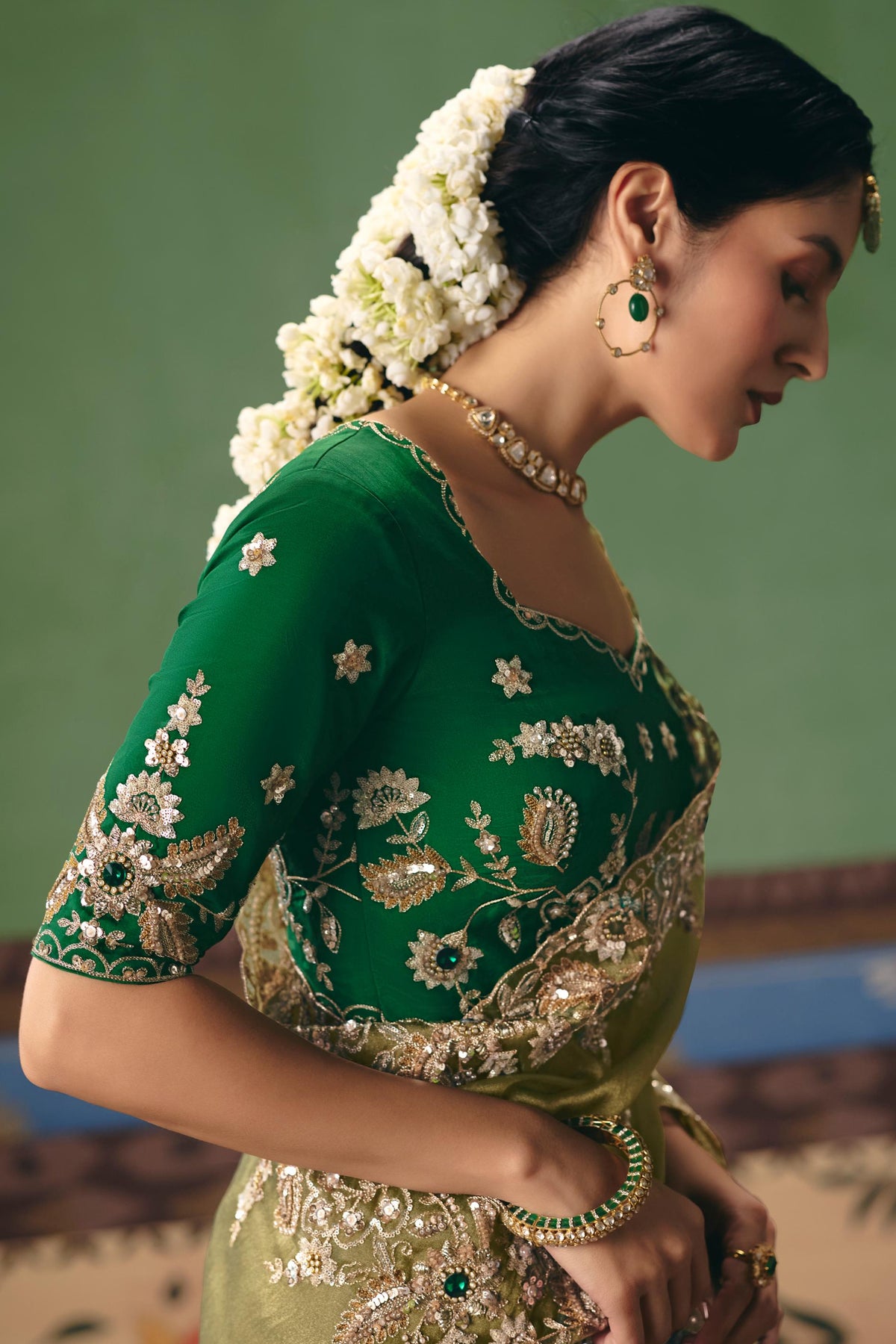 Light Olive Embellished Tissue Organza Silk Saree