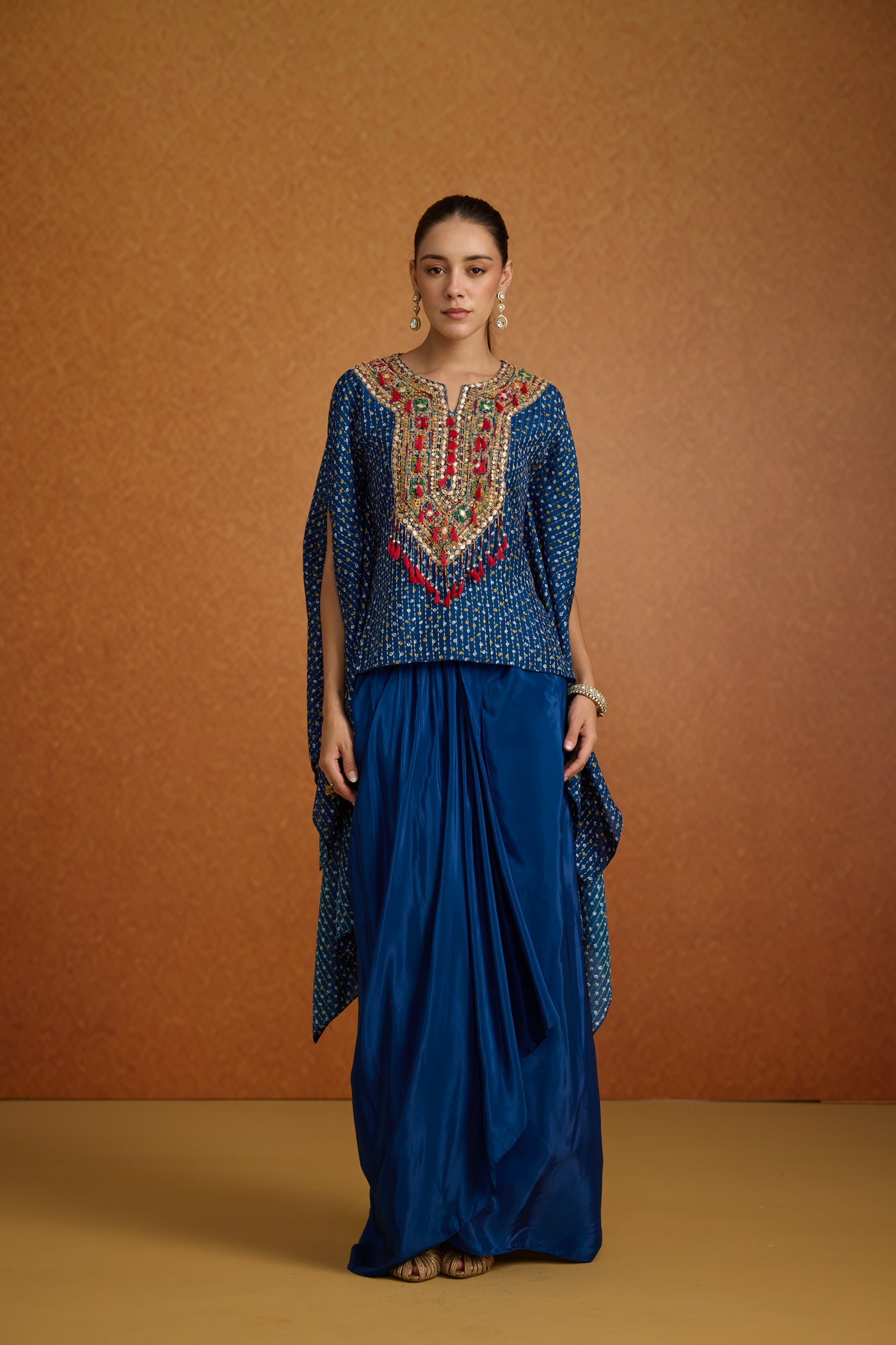 Regal Blue Embellished Crepe Silk Kaftan Skirt Set