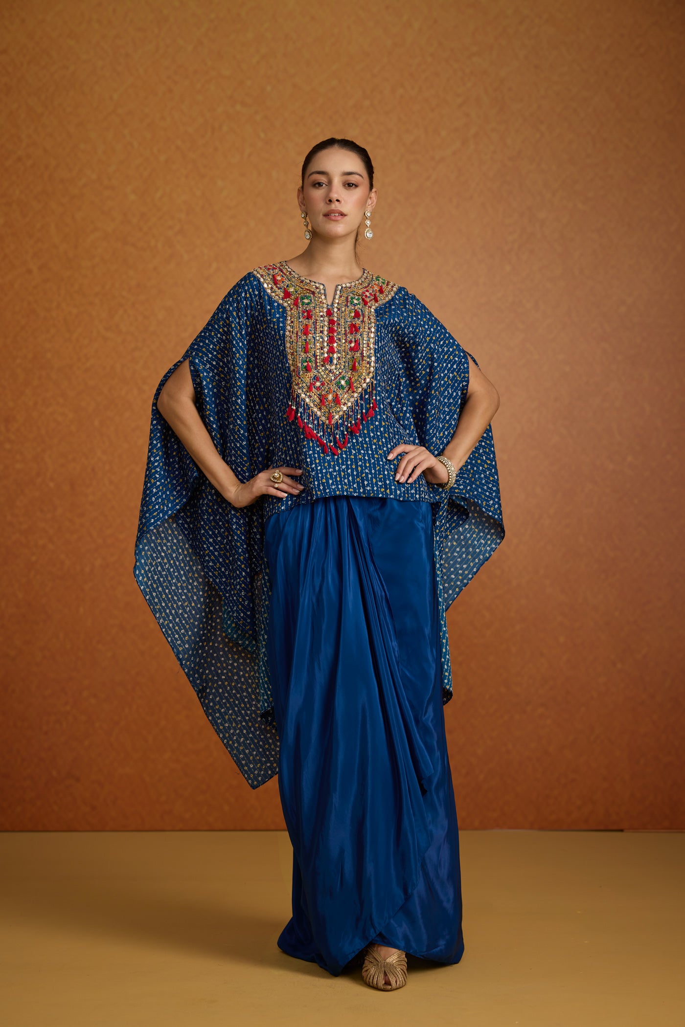 Regal Blue Embellished Crepe Silk Kaftan Skirt Set