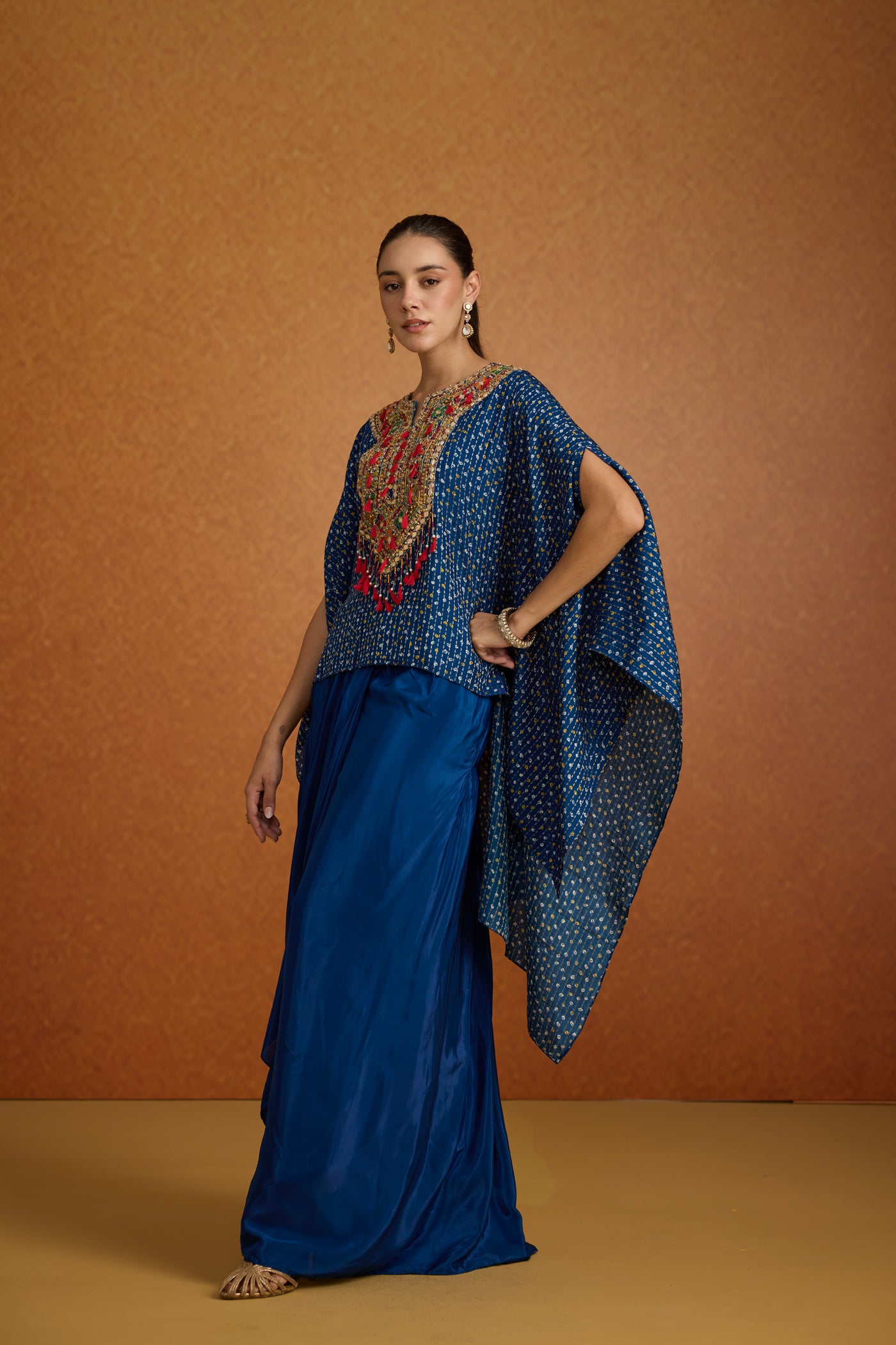 Regal Blue Embellished Crepe Silk Kaftan Skirt Set