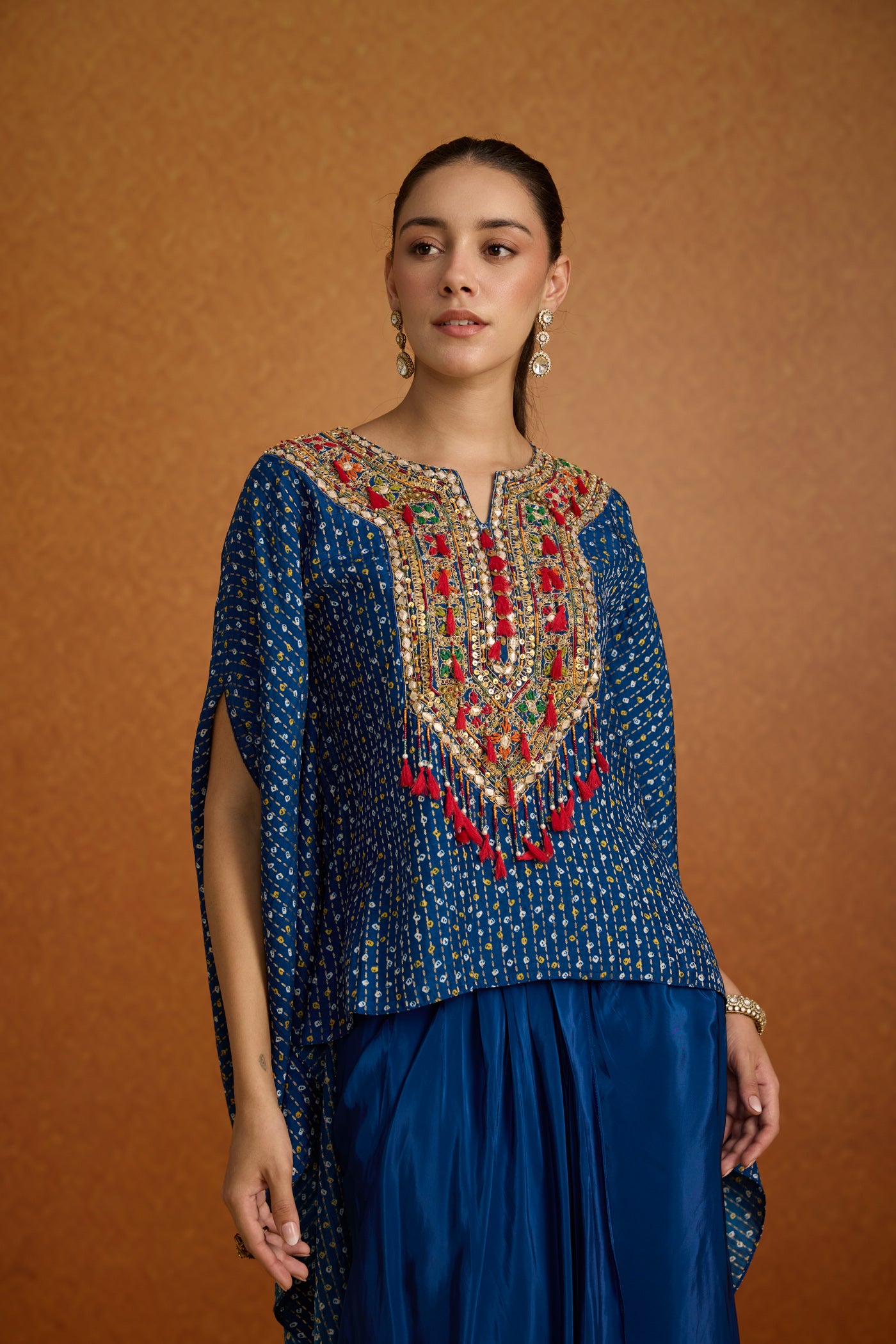 Regal Blue Embellished Crepe Silk Kaftan Skirt Set