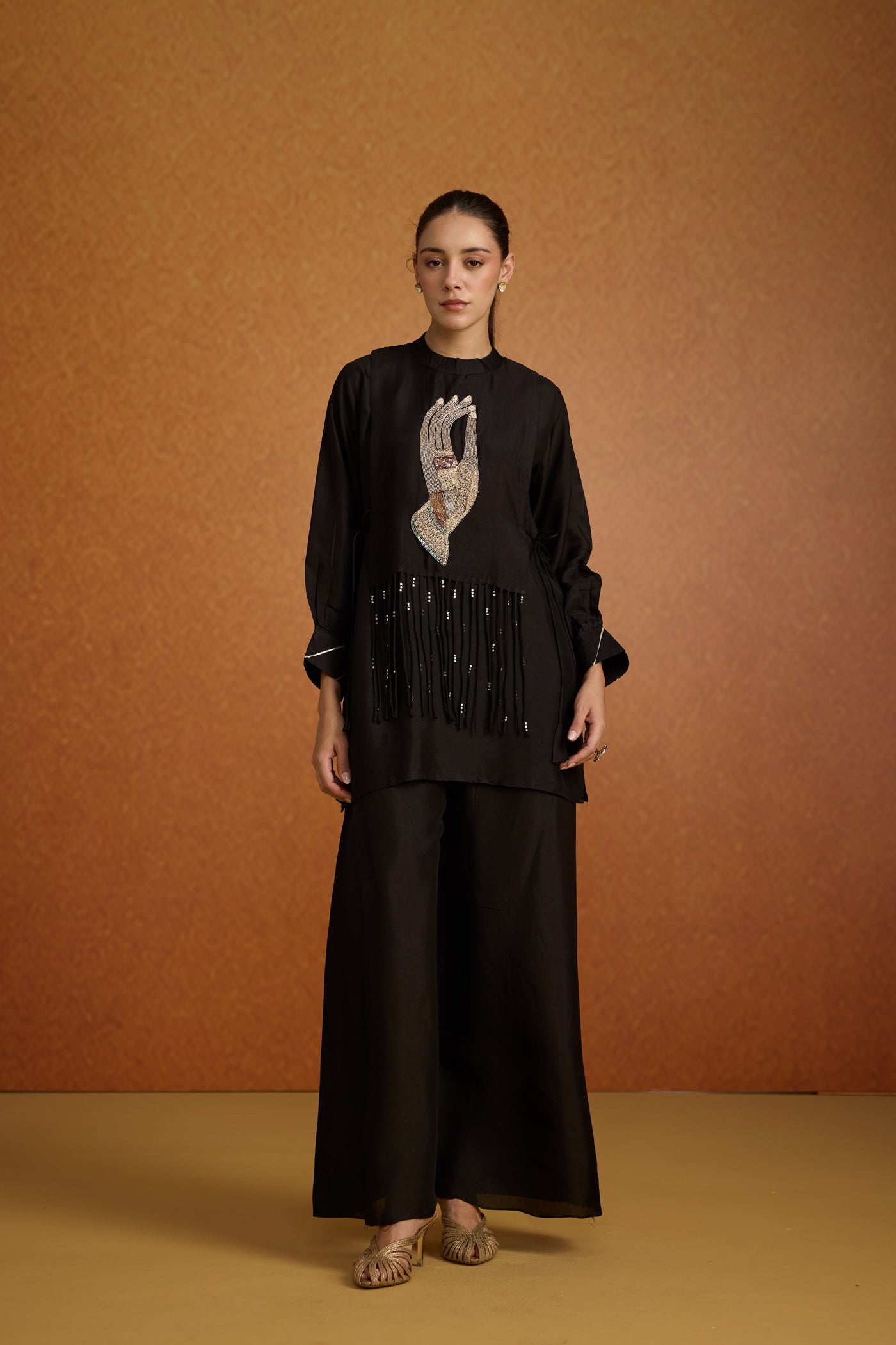 Deep Black Embellished Crepe Silk Palazzo Set