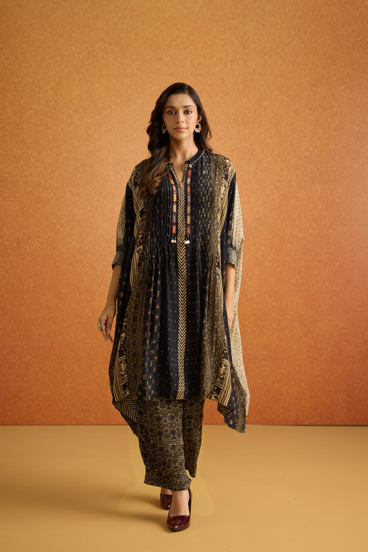 Charcoal Black Embellished Crepe Silk Kaftan Set