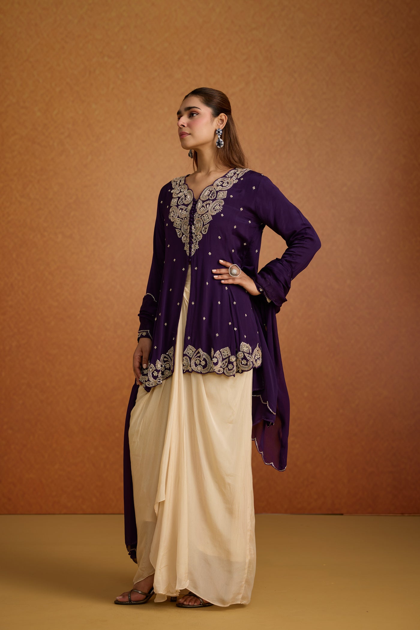 Royal Plum Embellished Crepe Silk Skirt Set