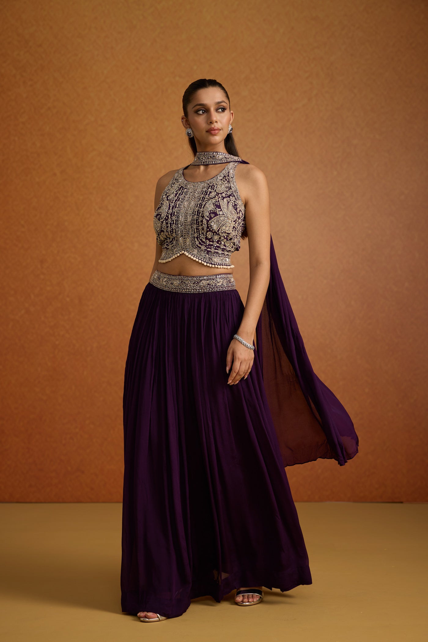Deep Purple Embellished Georgette Silk Skirt Set