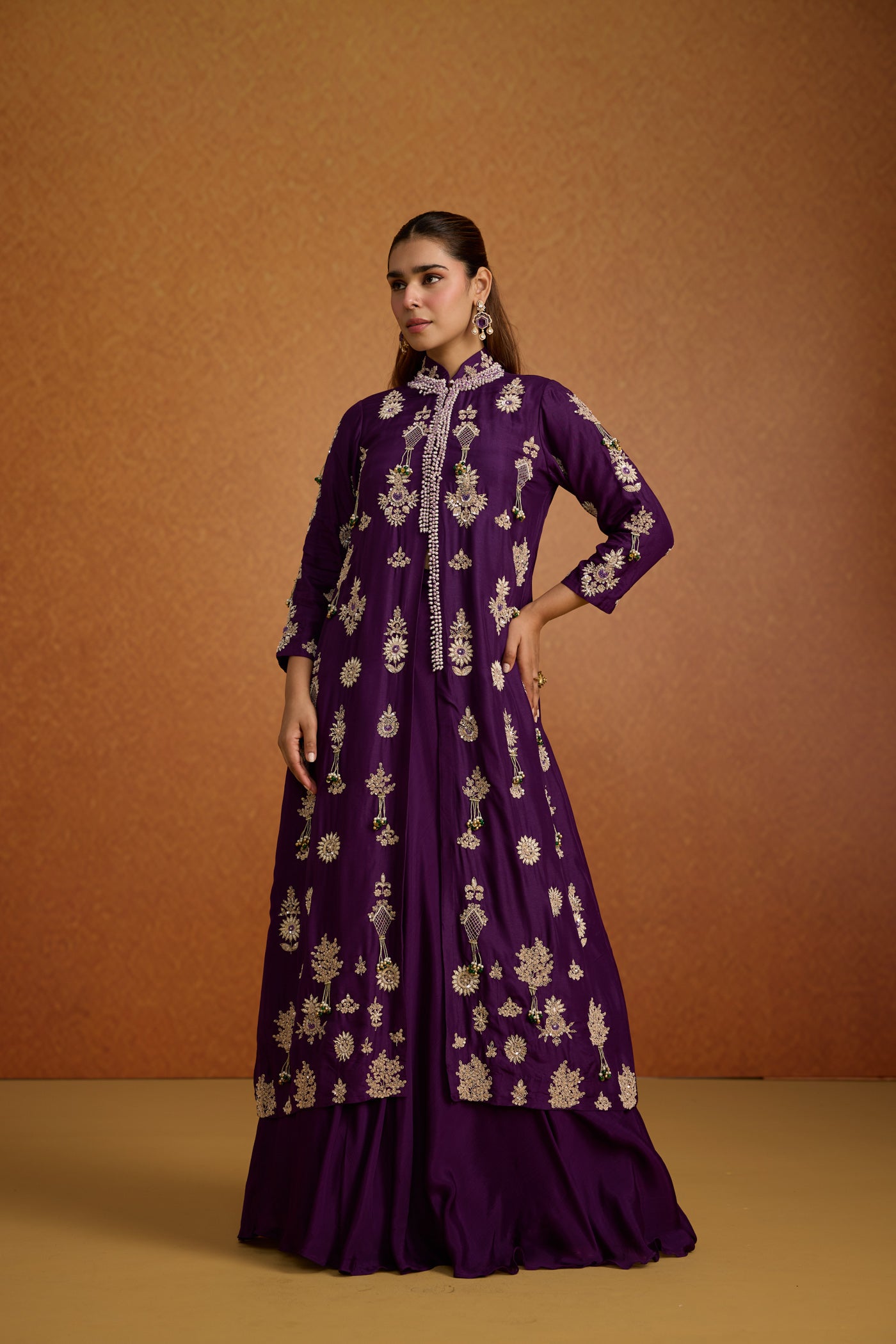 Regal Purple Embellished Premium Silk Jacket Skirt Set