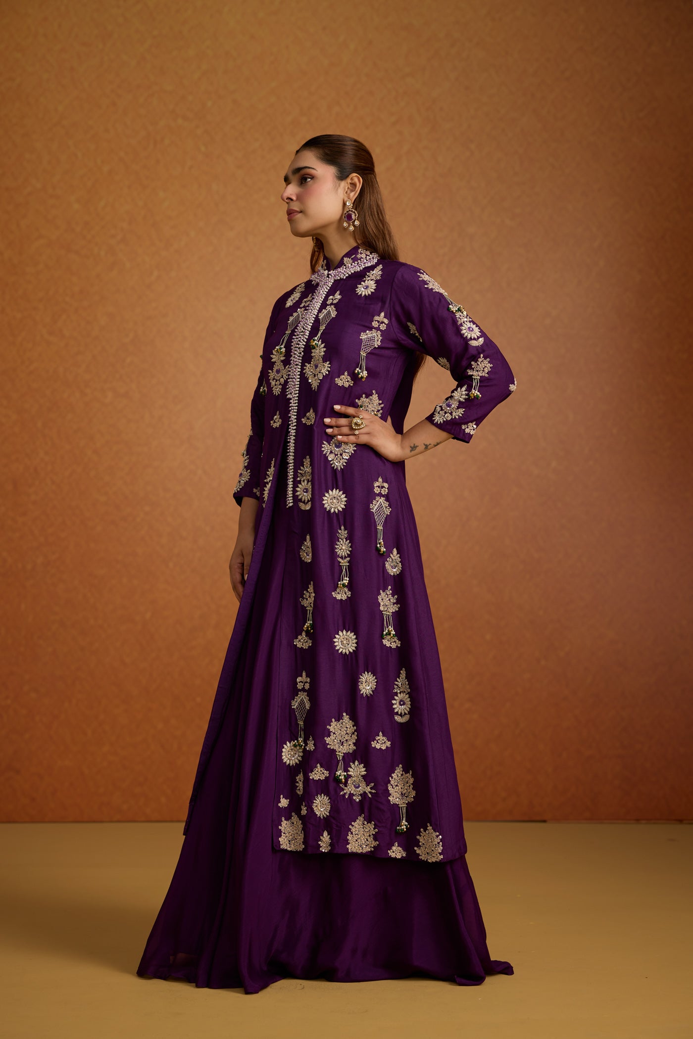 Regal Purple Embellished Premium Silk Jacket Skirt Set