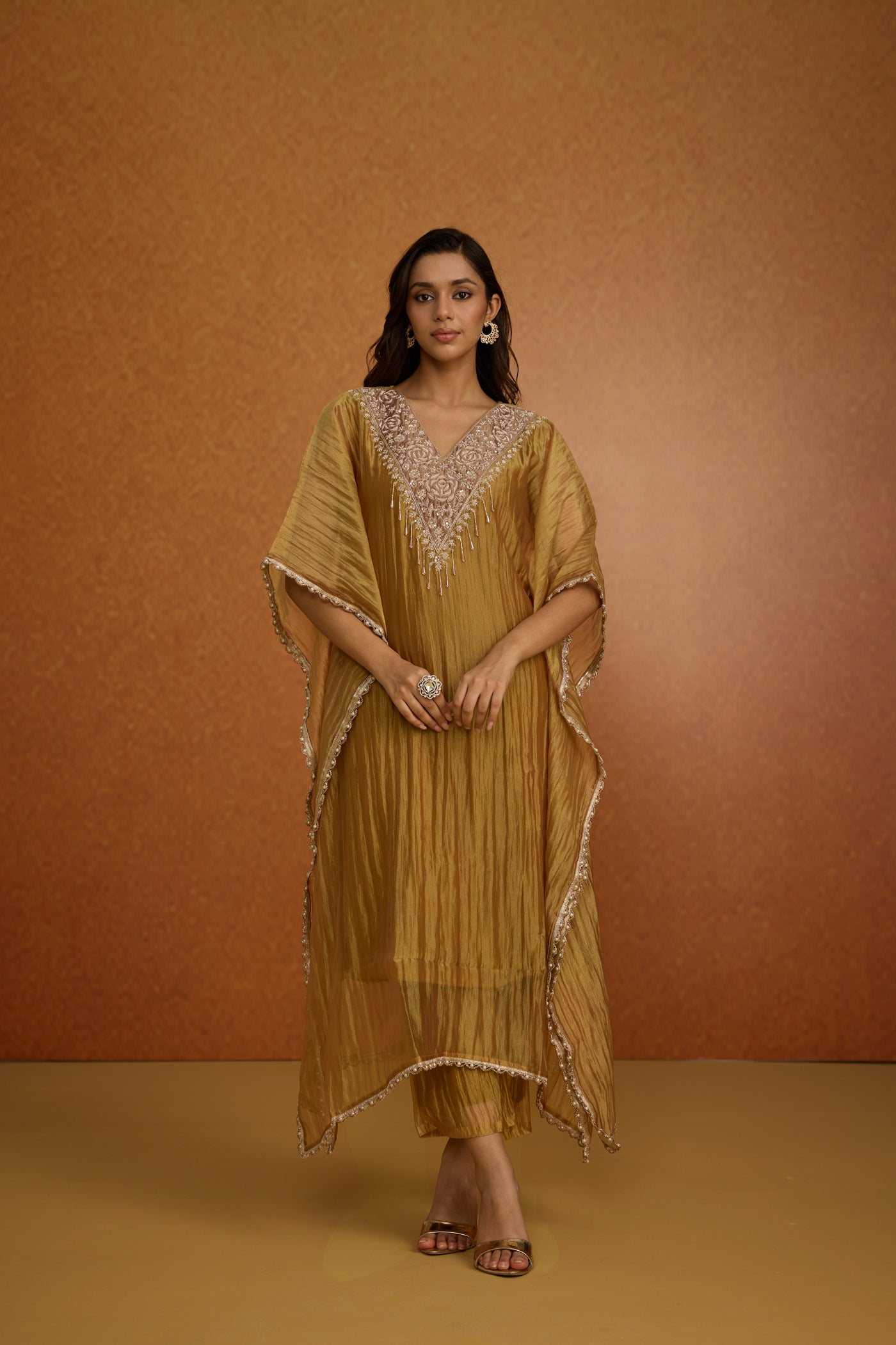 Olive Gold Embellished Crushed Tissue Silk Kaftan Set