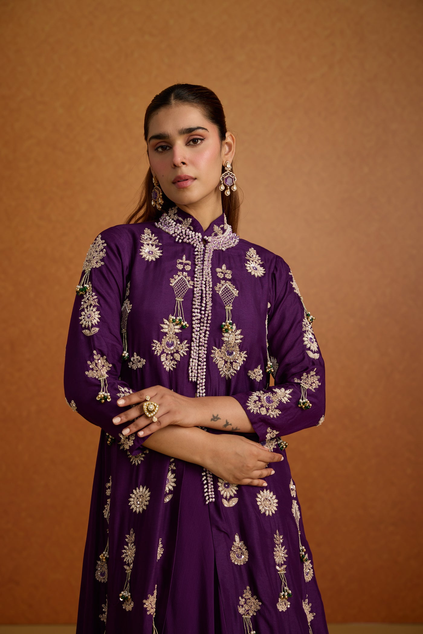 Regal Purple Embellished Premium Silk Jacket Skirt Set