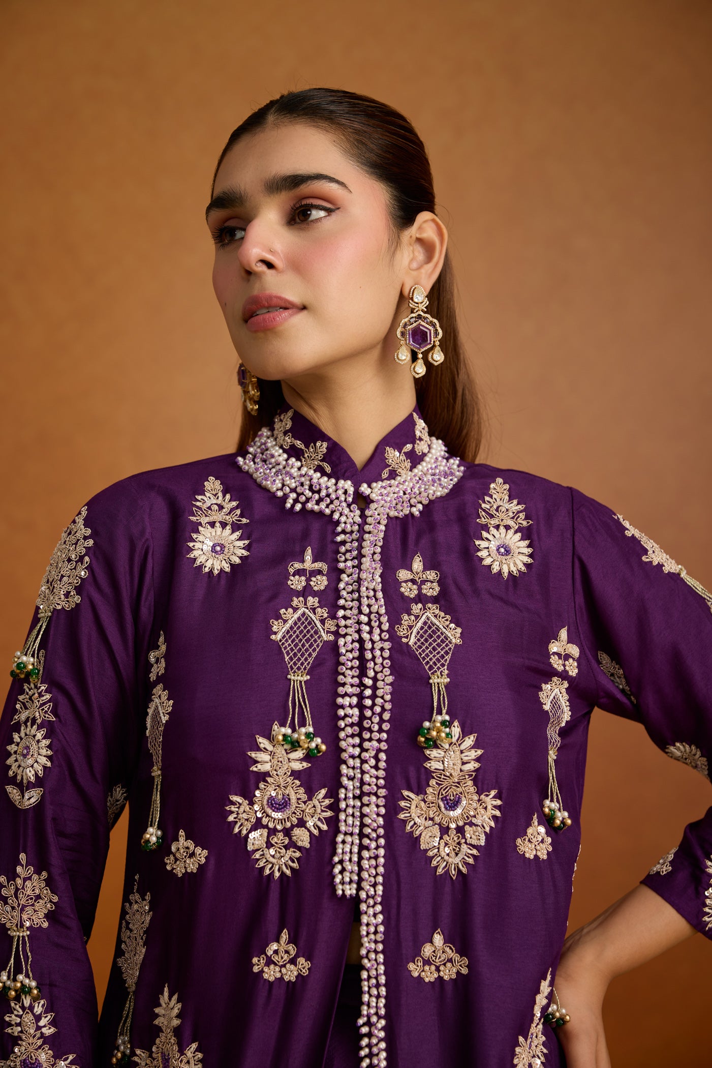 Regal Purple Embellished Premium Silk Jacket Skirt Set