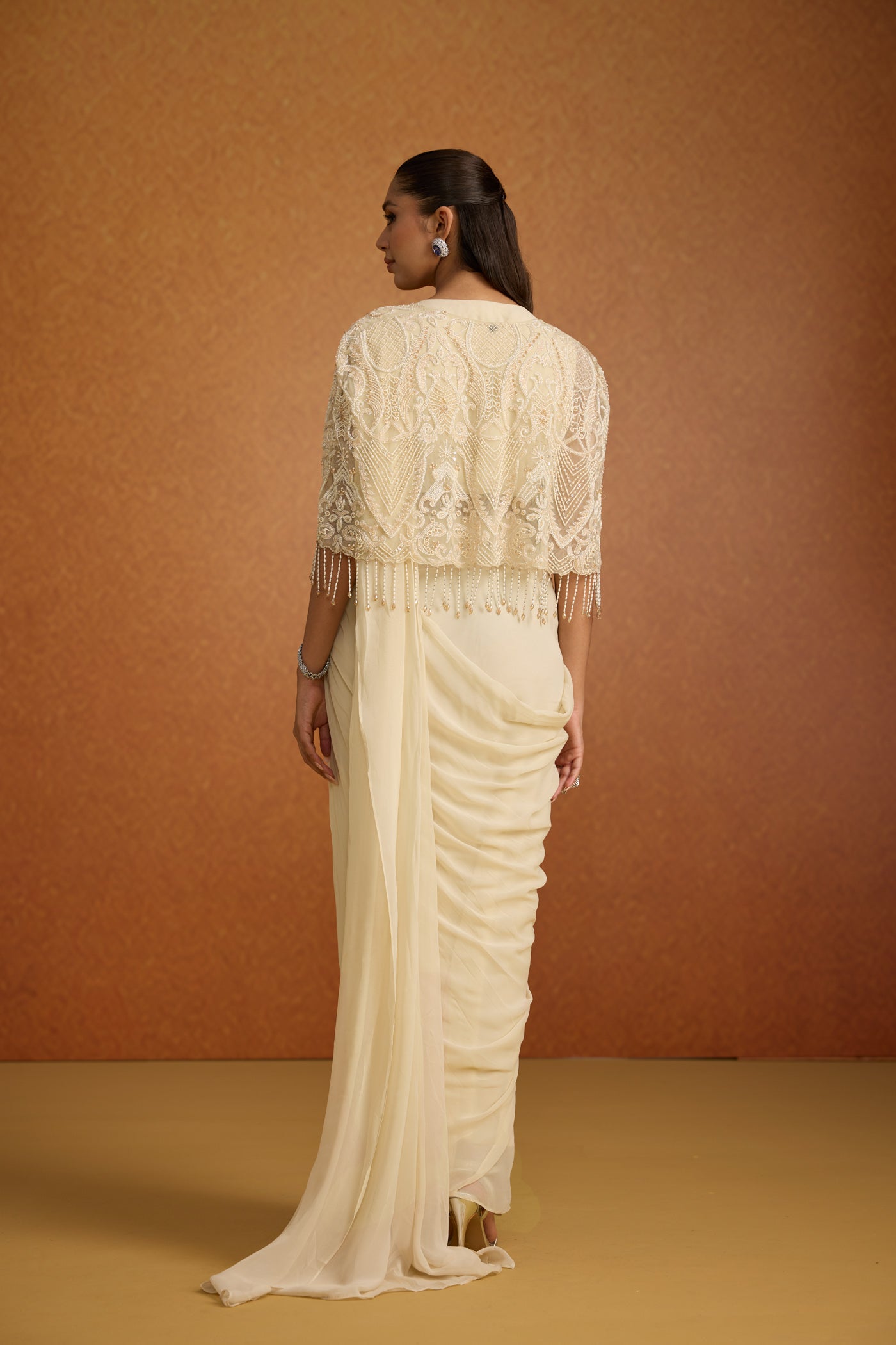 Ivory Embellished Soft Georgette Pre-Draped Saree