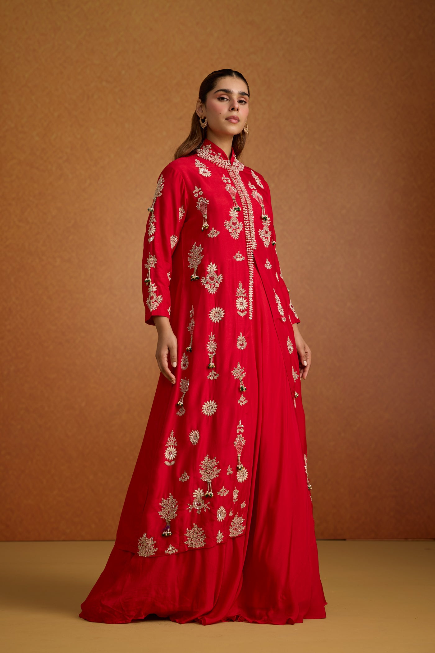 Fiesta Red Embellished Premium Silk Jacket Skirt Set