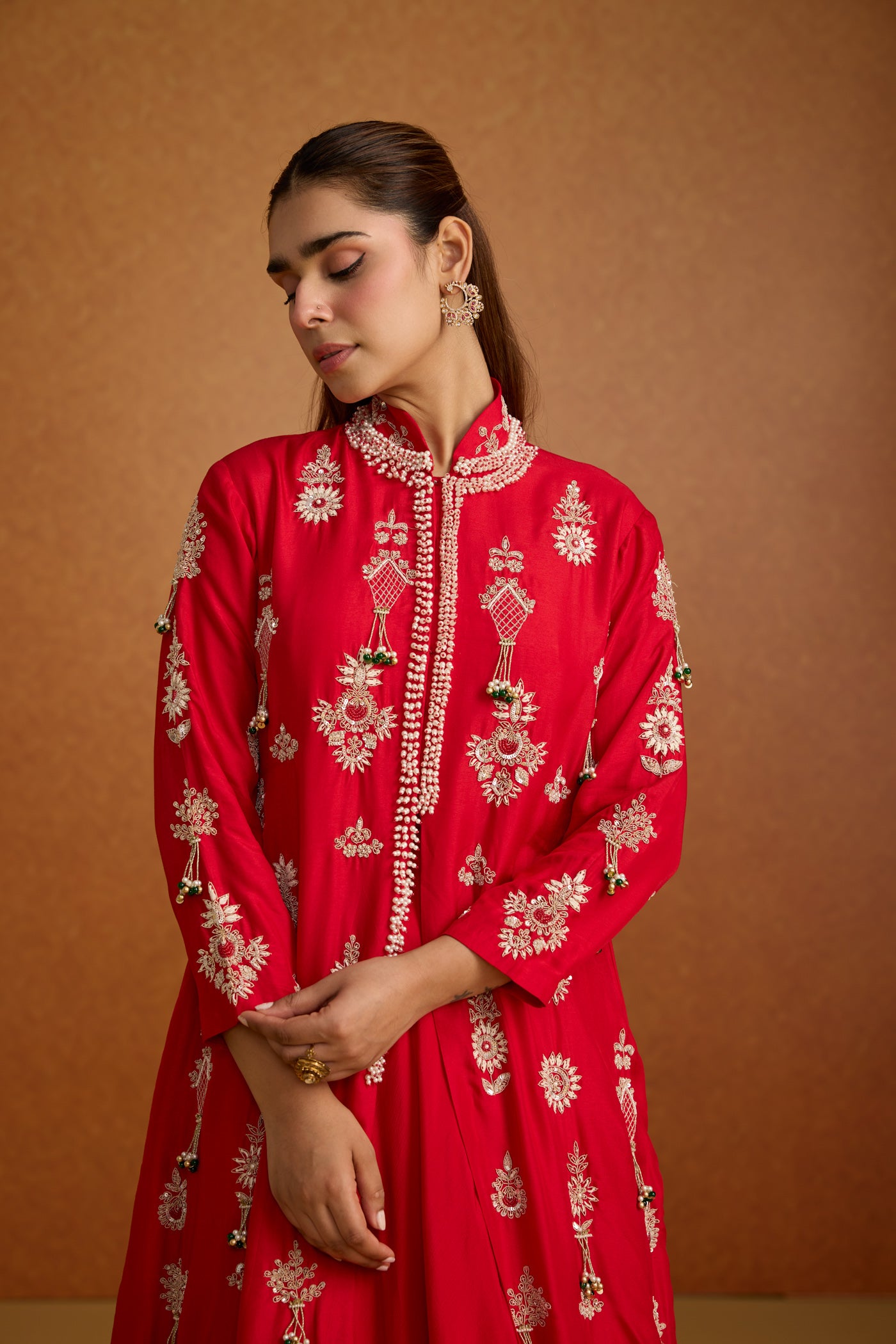 Fiesta Red Embellished Premium Silk Jacket Skirt Set