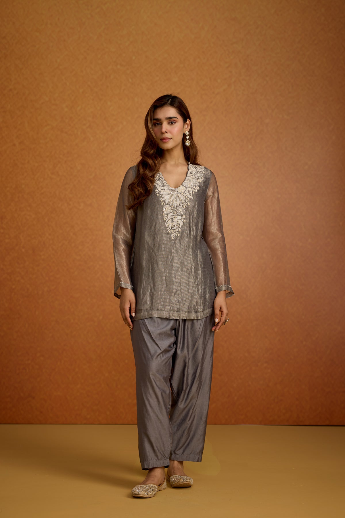 Metallic Silver Grey Shimmer Tissue Silk Co-Ord Set